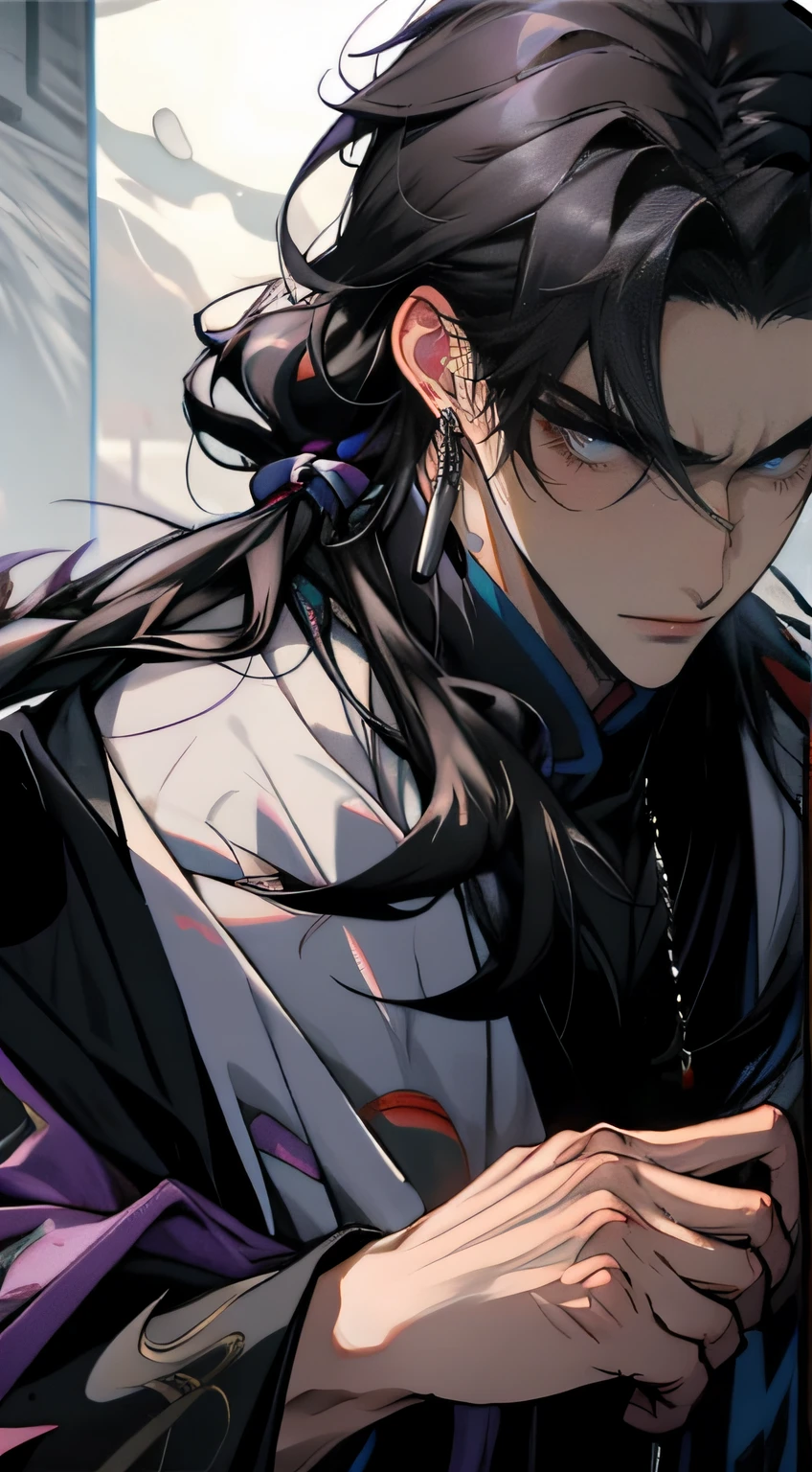 A man held out his hands,Black eyes,Cold,strong,Long black hair and high ponytail,The purple-black robe has bamboo patterns on it