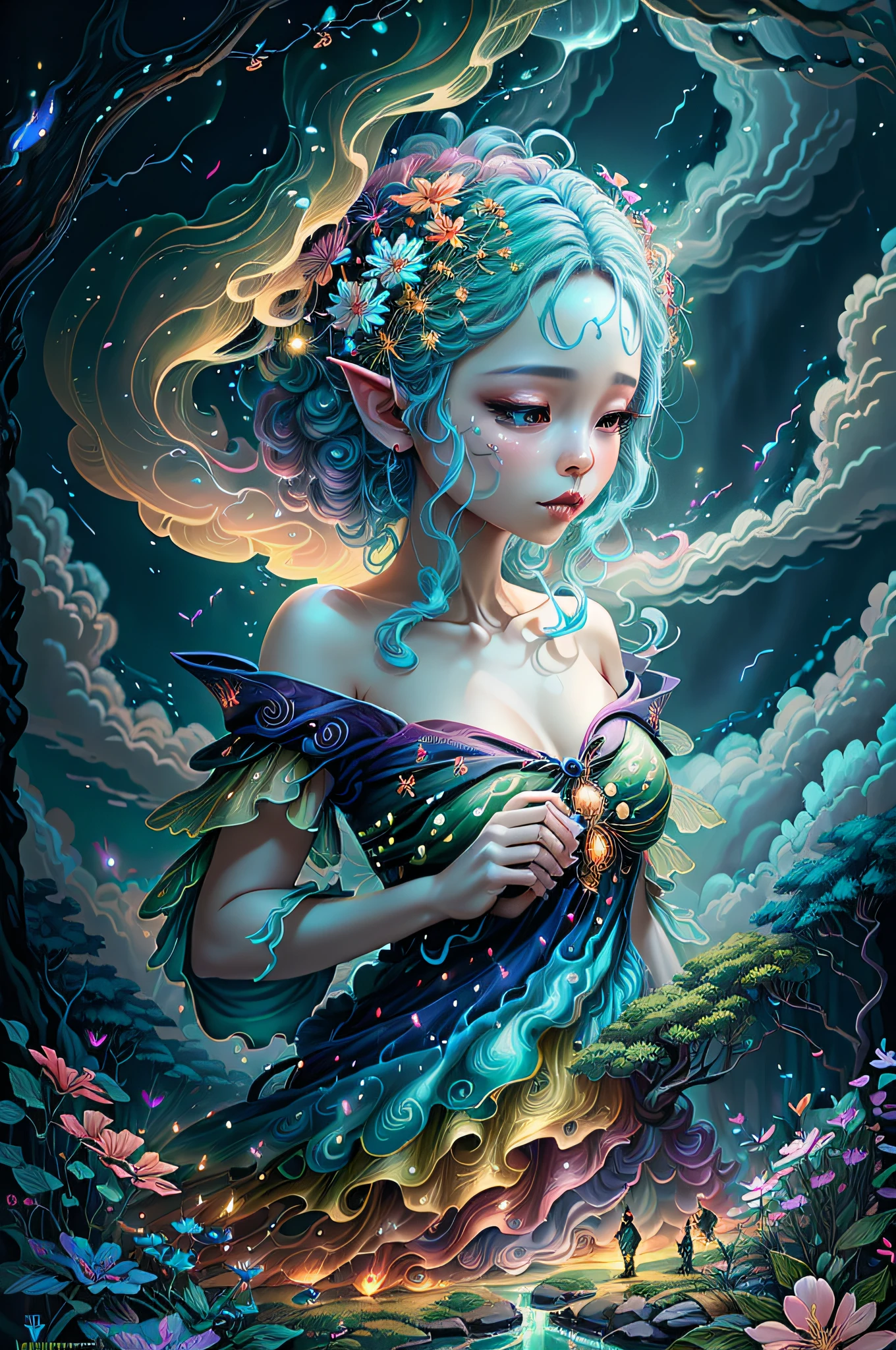 (Swirling clouds and colorful flowers), (forest fireflies fantasy korean Fairy tale world), (midnight), (Irregular), (mysterious), (ridiculous), dreamy, disney, t shirt design, vector,