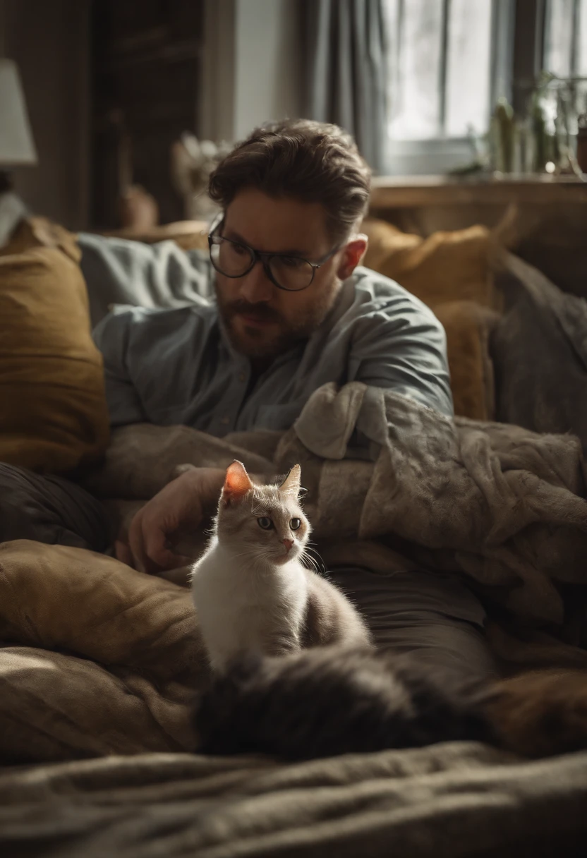90's advertisement style, a man struggling to understand his cats, magazine advertisement