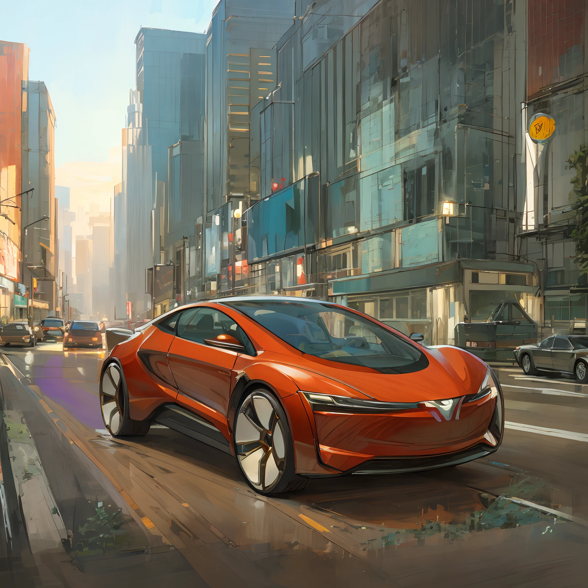 A street painting with a car parked on the side of the road with a building in the background