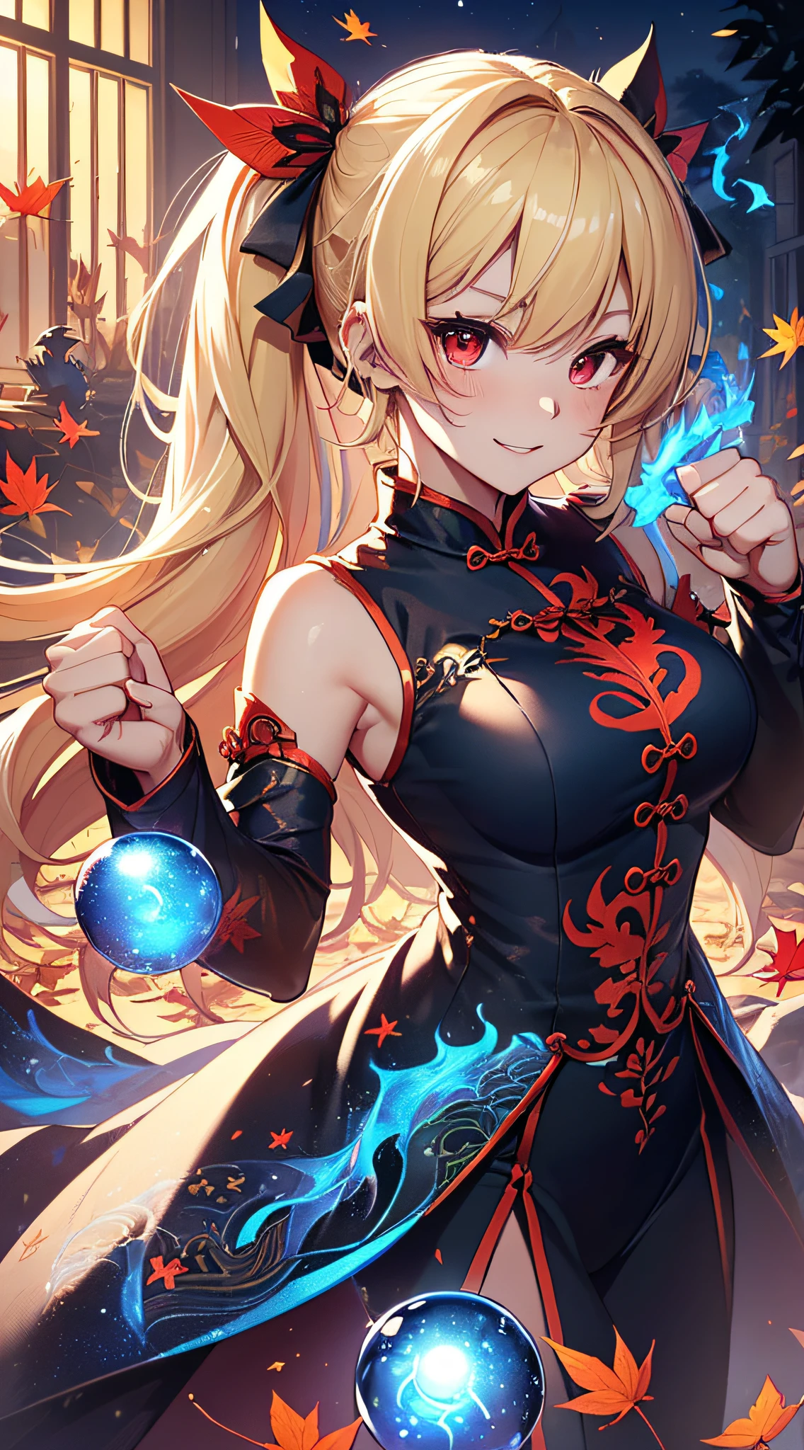 top-quality、Top image quality、masterpiece、girl with((18year old、Black and red cheongsam、Best Bust、Bust 90、Blonde twintails、Red Eyes、open chest wide、Valley、Happiness、A slender、ssmile、Blue aura on both arms、Glass Hair Fastening、Reflecting the whole body、fighting poses、drunken fist、battleing、nffsw))hiquality、Beautiful Art、Background with((Autumn leaves at night、Floating blue fireball、Fantastic world、blue flames、Fire Dragon、red aura))、masutepiece、Elaborate design、visualart、
