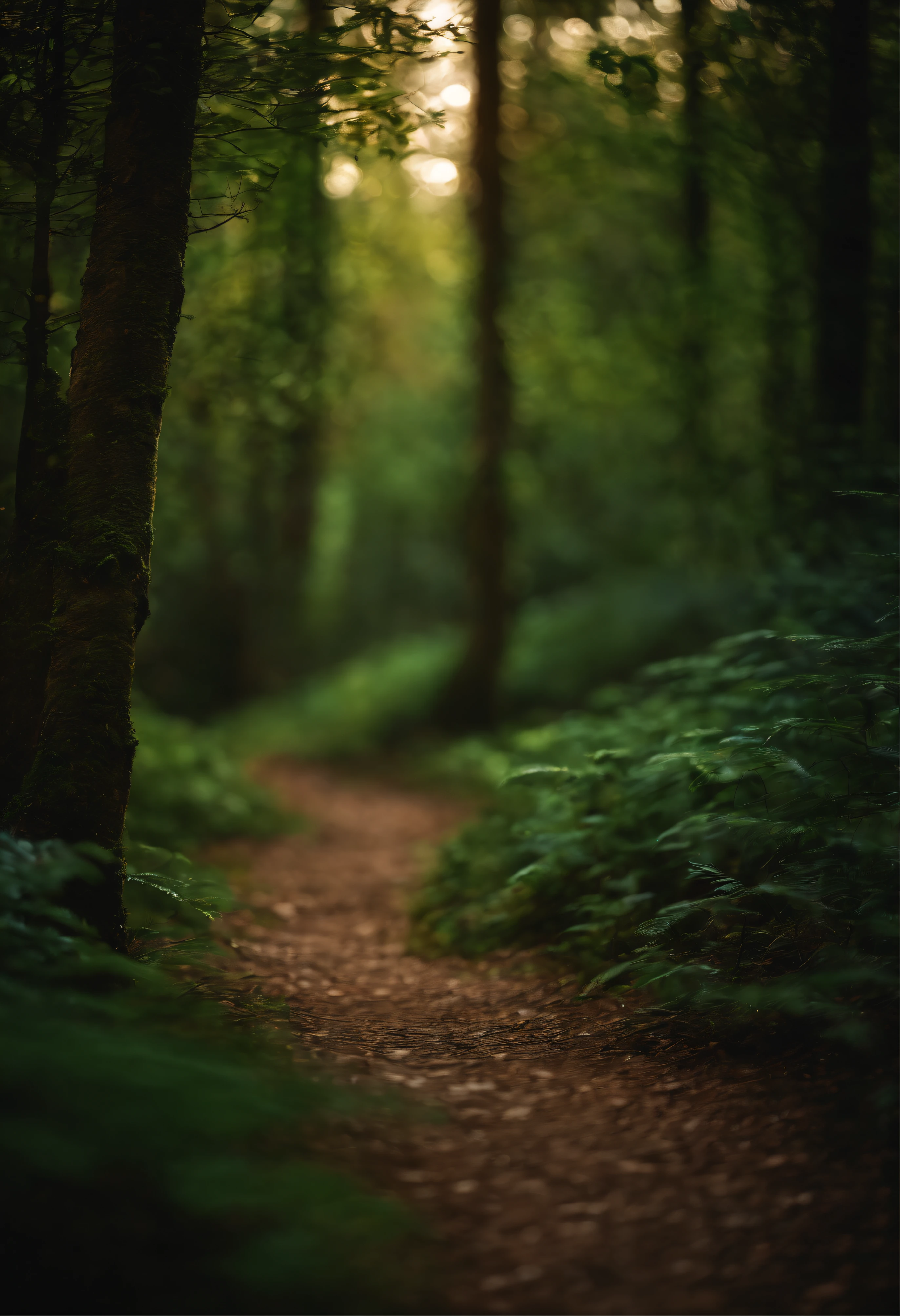 In a forest, a path shines with light. The background is a magical forest, creating an atmosphere that is very magical and dreamlike, enchanting magic, and enchanting magical fantasy. The forest is inhabited by magical fairies and fireflies. It is a type of fairy forest.