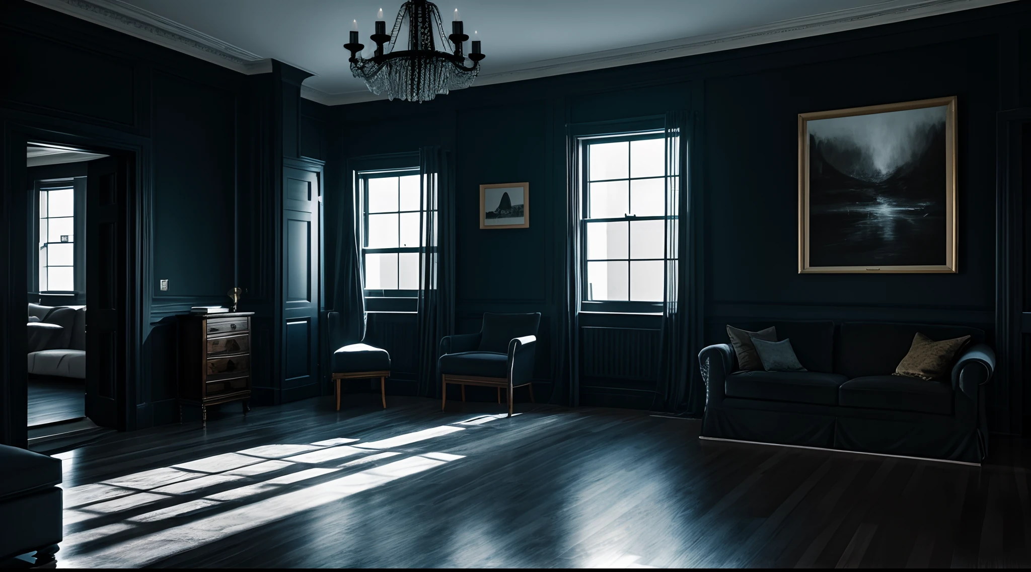 A room fades to black with a slam amid the crescendo of spectral whispers