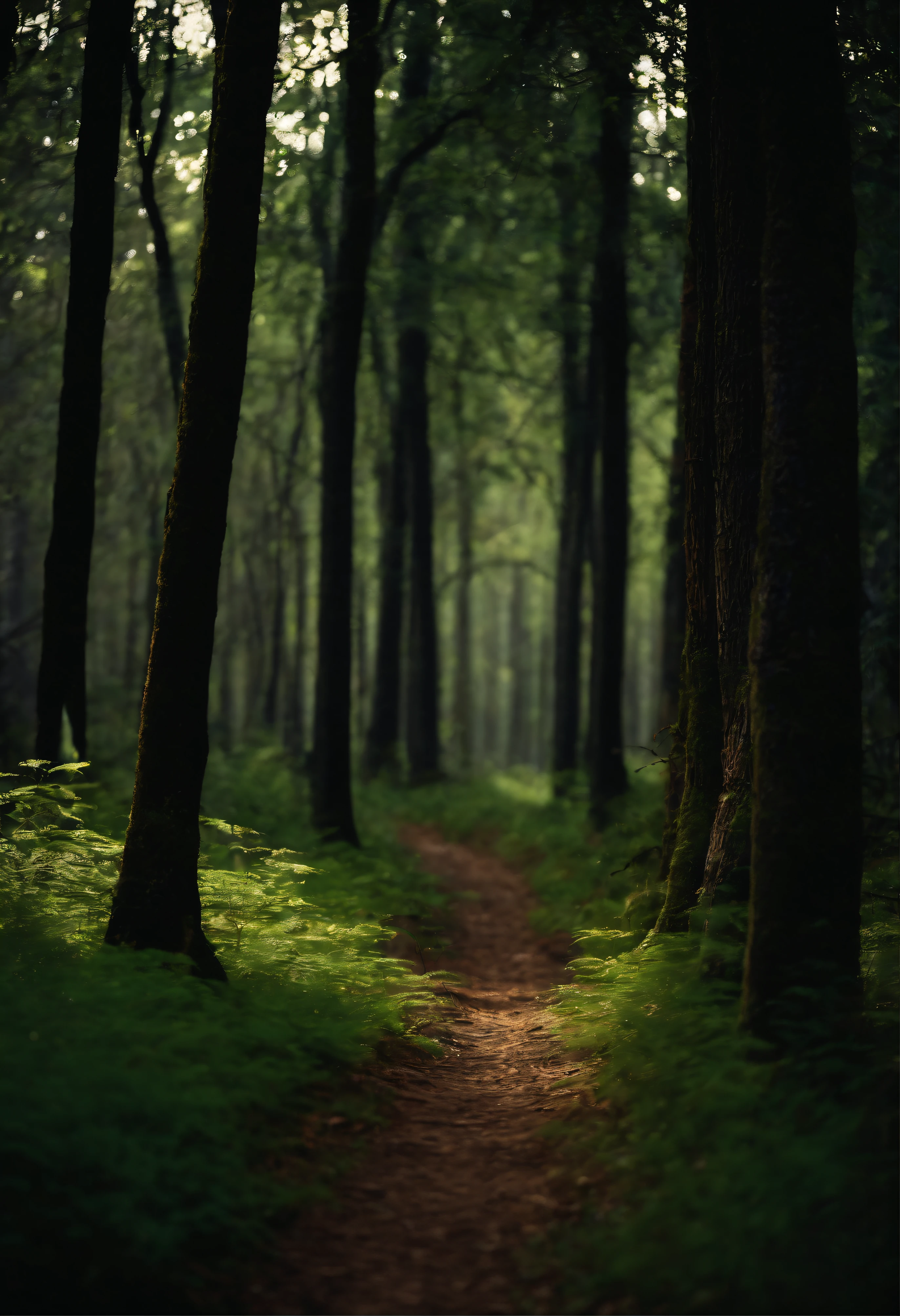 In a forest, a path shines with light. The background is a magical forest, creating an atmosphere that is very magical and dreamlike, enchanting magic, and enchanting magical fantasy. The forest is inhabited by magical fairies and fireflies. It is a type of fairy forest.