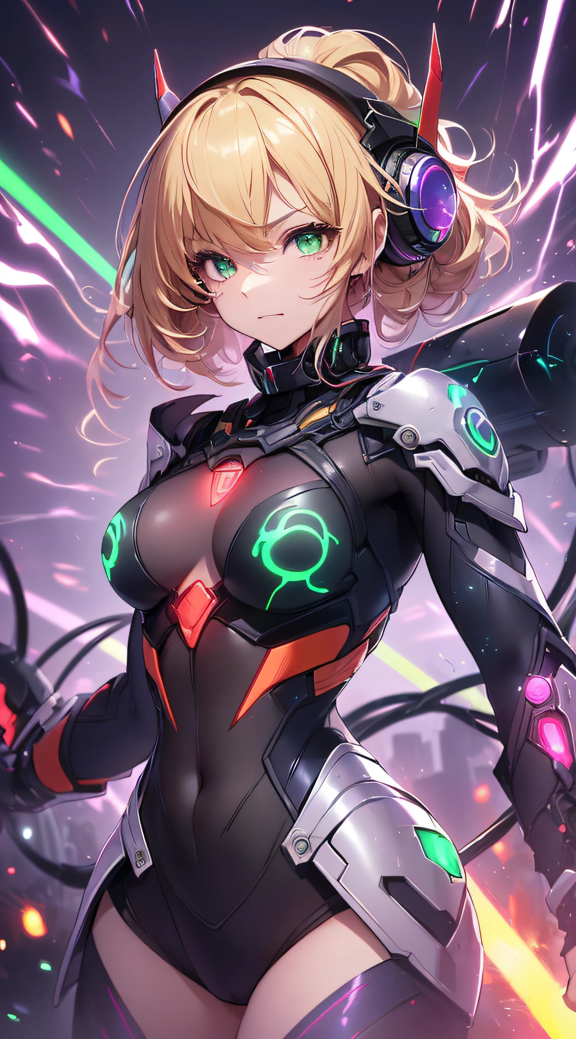 top-quality、Top image quality、​masterpiece、Android Girl((14years、Red, Black and blue glowing cybersuit、Blue energy source for the chest,Best Bust、Bust 90、Blonde Away Tail、Blue-green eyes、open chest wide、Valley、Happiness、A slender、Warlike face、Stand at the front、Countless cable connections throughout the body、Particles of light、Sharp claw arm,Dual-arm laser cannon、Bruised body、combat、Fatality)）hiquality、Beautiful Art、Background with((Blue lighting、Green particles、Red Laser Pointer、Purple swirl,Yellow flash、Pink lightning))、masutepiece、Elaborate design、visualart、Theatrical films