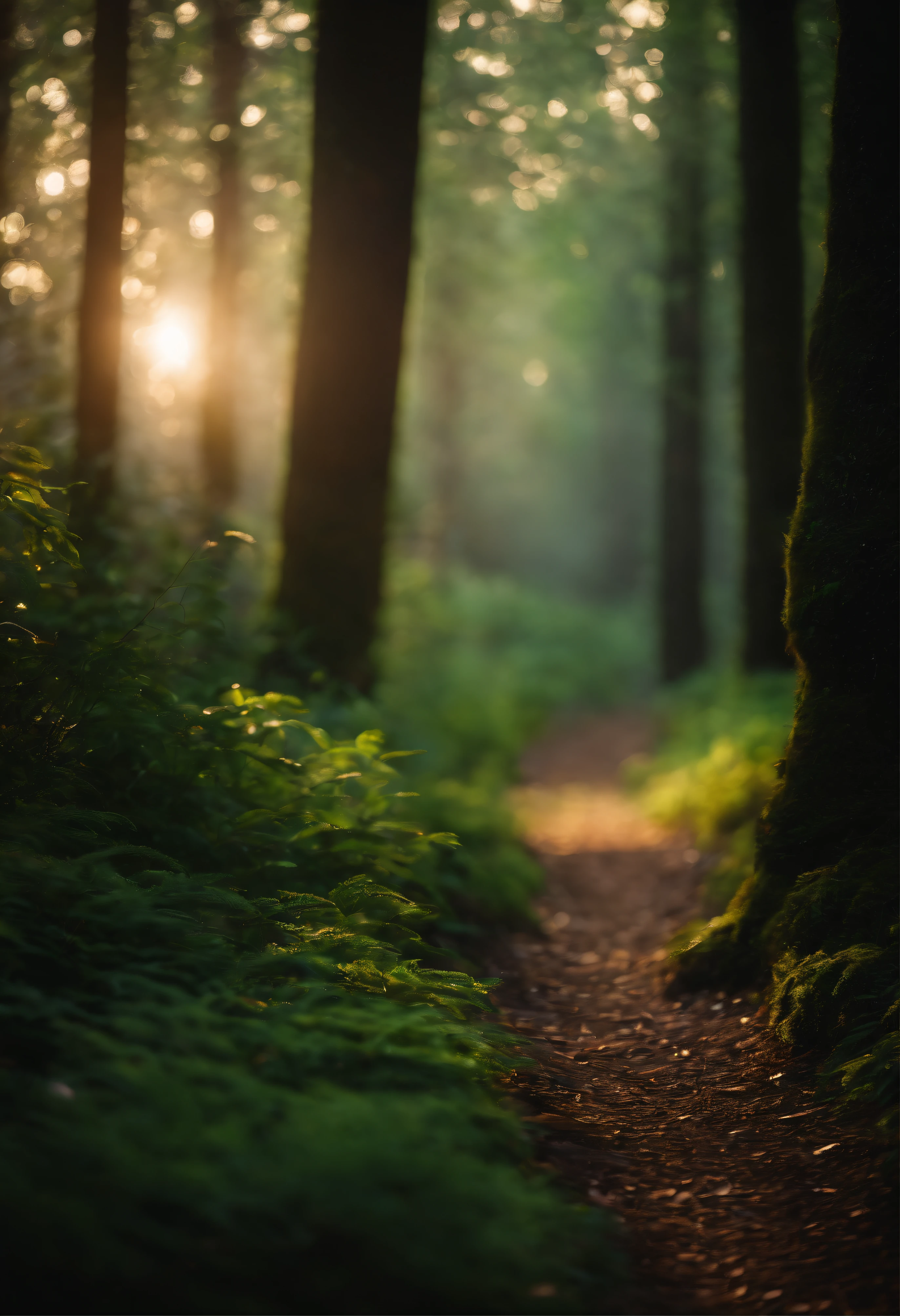 In a forest, a path shines with light. The background is a magical forest, creating an atmosphere that is very magical and dreamlike, enchanting magic, and enchanting magical fantasy. The forest is inhabited by magical fairies and fireflies. It is a type of fairy forest.