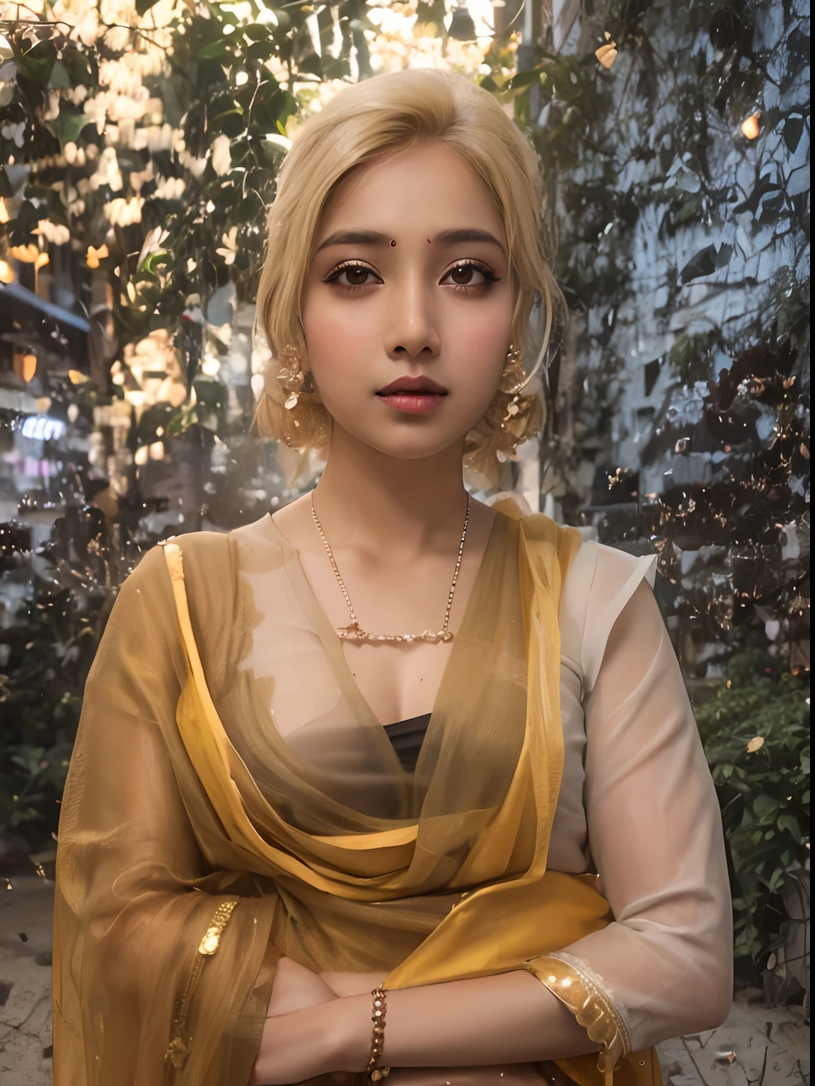 ((desi girl))), her name Abhilasha, chubby face, natural skin, wearing hot deep neck top and dupatta, charming black hair, ((hair ends are blonde)), city streets background, bokeh