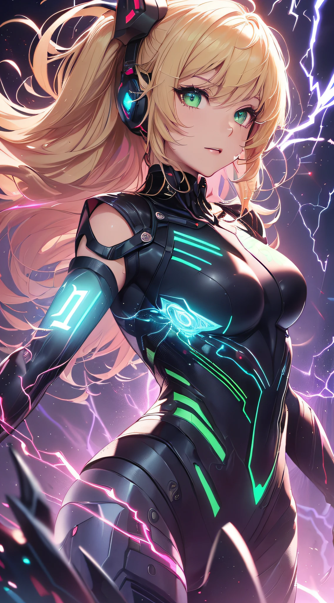 masterpiece, best-Quality photo, ciberpunk: Evil Magnificent Goddess, Very large purple eyes, large breast, Highly detailed face, Highly detailed eyes, Symmetrical Face, Very Very Long Purple Hair, Hair Jewelry, Cyber Jaw, (fangs:1.2), full body photo, is looking at the camera, faint smile, shapely body, shapely thighs, hyper realistic, (intricate detials:0.9), cyberpunk 2077, dramatic lighting, photo realism, Ultra Detailed, ciematic look, Soothing tones, Contour illumination,