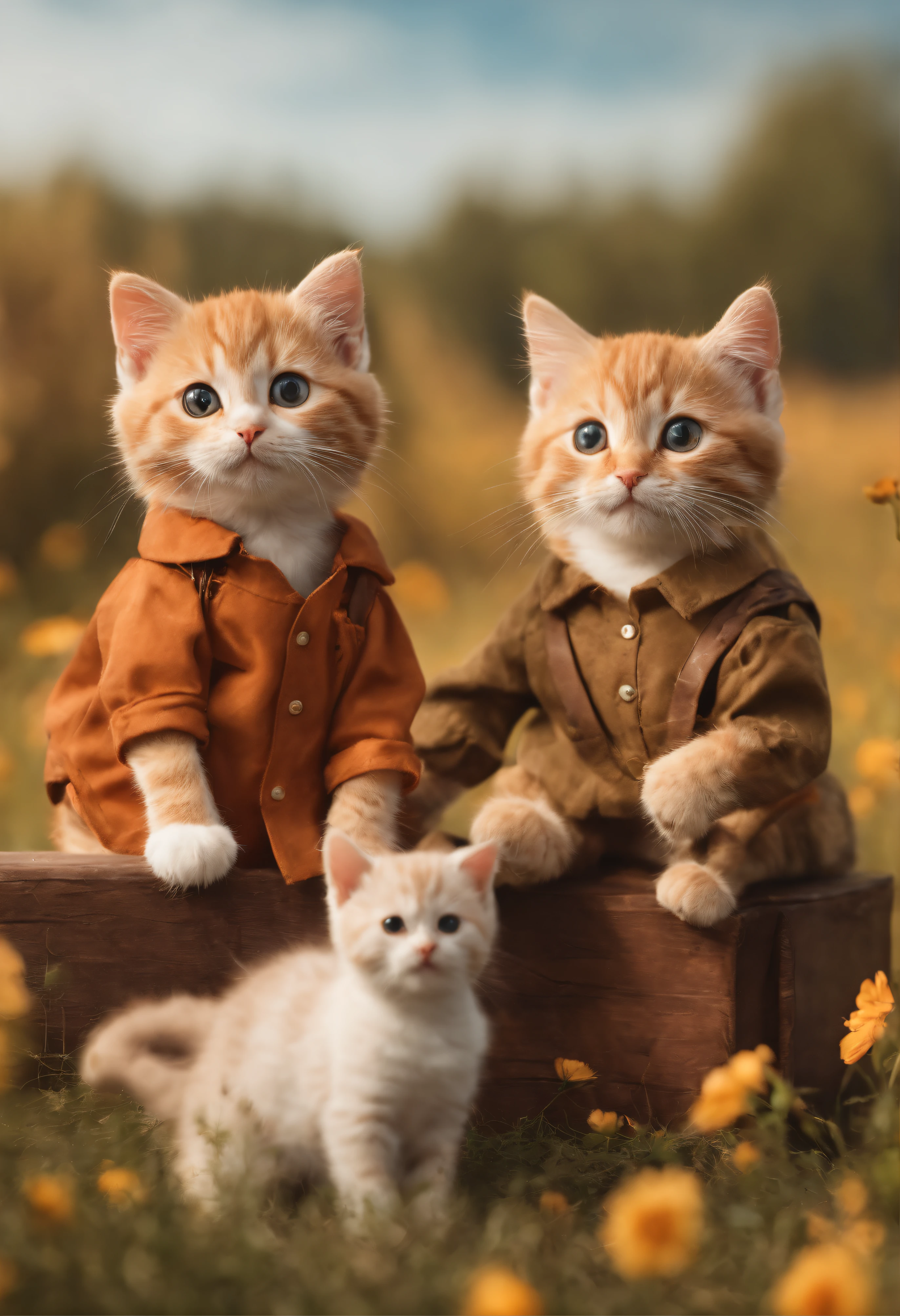 There are two cute cats, known as Cowboy Cats, cute kittens, two-headed cats, kittens, Cats, CatsCatsCat, and cute cats. They are sitting together in a field, dressed in farm clothes. They are cute in the style of 🍁 and 🍂, and are the cutest. They are known as the real-life Tom and Jerry. The art style is a cute cat anime visual.