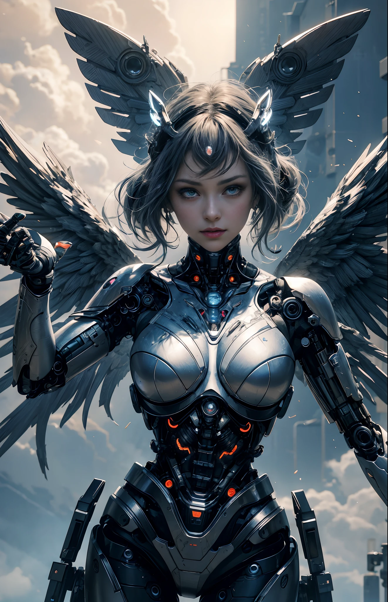 a close up of a woman in a costume with wings, detailed digital anime art, beautiful cyborg angel girl, portrait of a cyborg queen, perfect anime cyborg woman, beutiful girl cyborg, 4k detailed digital art, 4k highly detailed digital art, stunning cgsociety, detailed fantasy digital art, 2. 5 d cgi anime fantasy artwork, cyberpunk robotic elvish queen, giantess pose, viewed from the ground