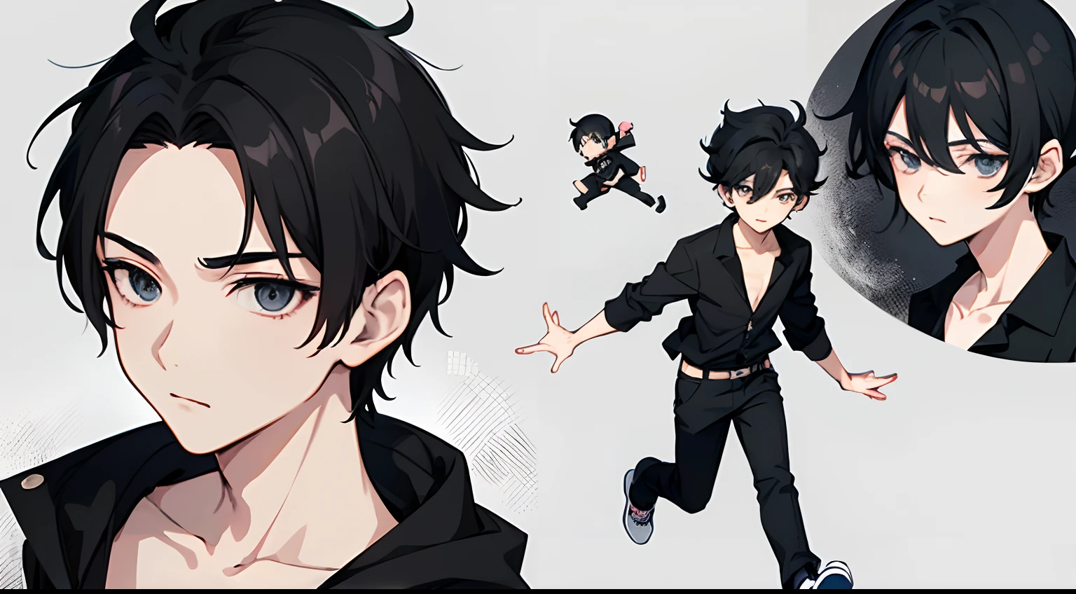 1 boy, anime style photo of suhuu suhas, anime boy with black hair, black eyes, slick back hair, black shirt, black pants, white shoe, full body shot, running, chibi style, chibi character, doodle background