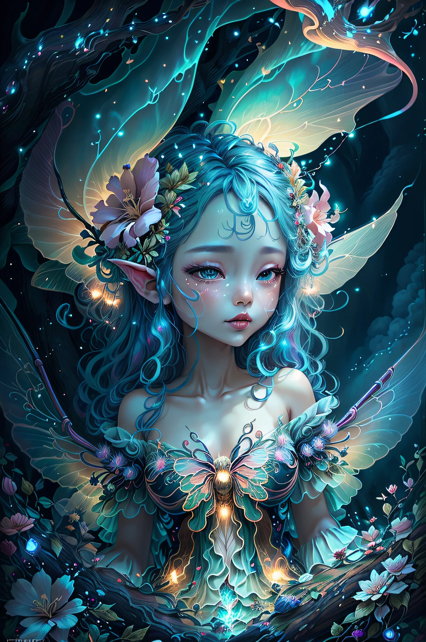 (Swirling clouds and colorful flowers), (forest fireflies fantasy korean Fairy tale world), big transparent fairy wings (midnight), (Irregular), (mysterious), (ridiculous), dreamy, disney, t shirt design, vector,