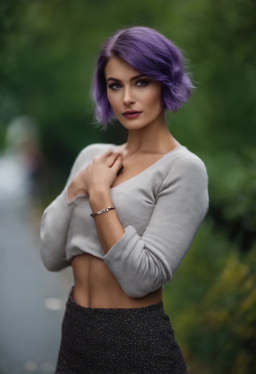 reze , vibrant colors, girl, masterpiece, sharp focus, best quality, perfect eyes, purple hair, green eyes, skirt, sweater, both hands pulling up shirt, midriff, one girl, unbuttoned clothes, show breast, show nipples