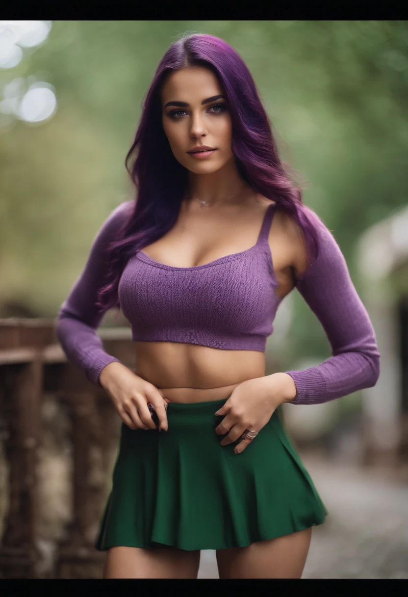reze , vibrant colors, girl, masterpiece, sharp focus, best quality, perfect eyes, purple hair, green eyes, skirt, sweater, both hands pulling up shirt, midriff, one girl, unbuttoned clothes, show breast, show nipples