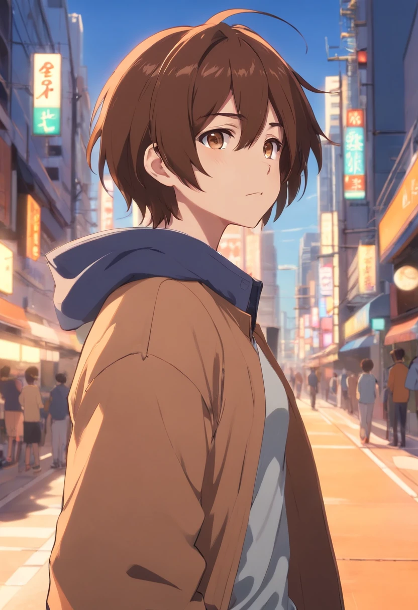 um close up de uma pessoa com uma jaqueta marrom e uma camisa marrom, Nagatoro, Yata Hana, jovem homem de anime, Anime de hoje ainda em destaque, Ainda de anime de TV, anime oficial ainda, laranja - anime cabelo, personagem de anime masculino, no filme de anime, cara de anime perfeita, tou, captura de tela de um anime de 2012
