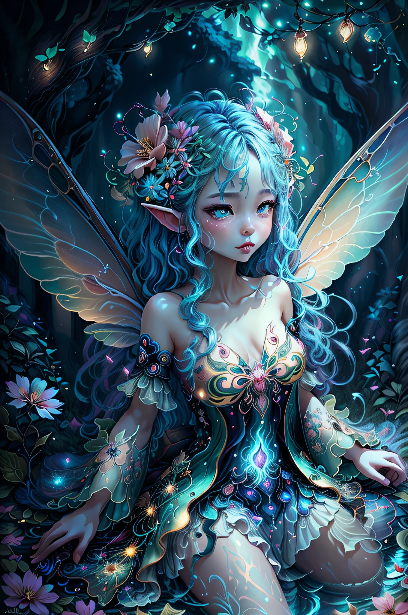 (Swirling clouds and colorful flowers), (forest fireflies fantasy korean Fairy tale world), big transparent fairy wings (midnight), (Irregular), (mysterious), (ridiculous), dreamy, disney, t shirt design, vector,