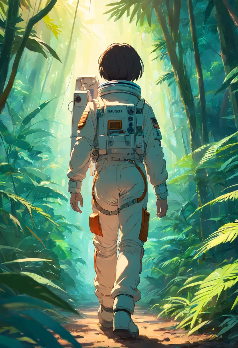 An astronaut walks through the jungle, Sony A7r, 50mm lens, Morningglow, 8K