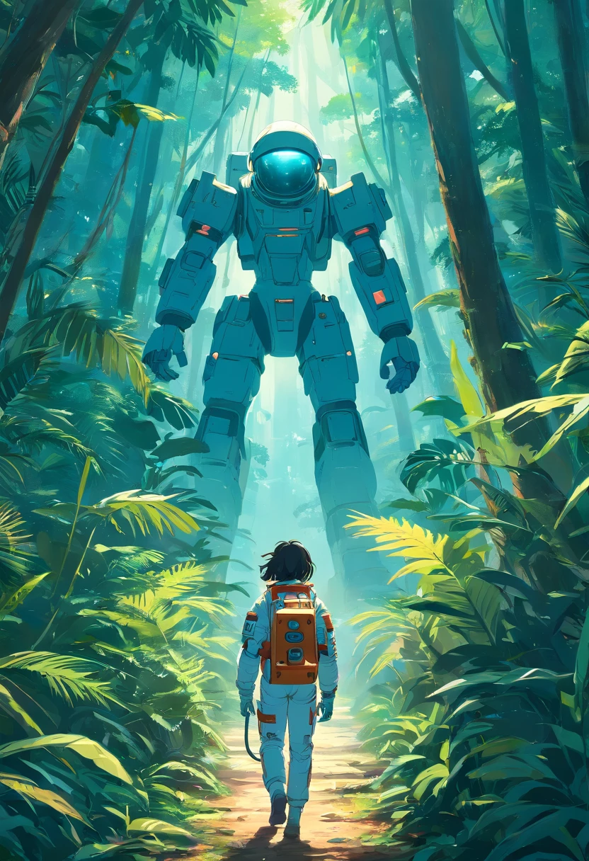 An astronaut walks through the jungle, Sony A7r, 50mm lens, Morningglow, 8K