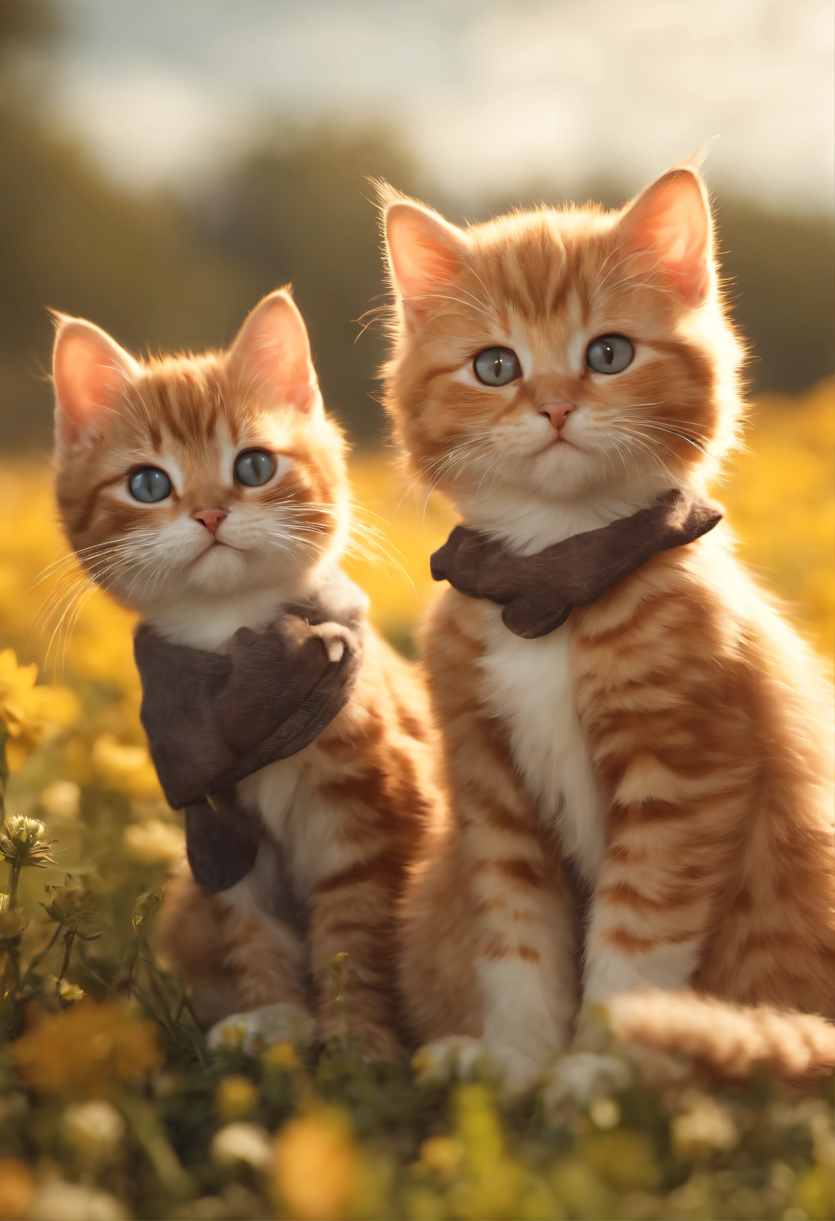 There are two cute cats, known as Cowboy Cats, cute kittens, two-headed cats, kittens, Cats, CatsCatsCat, and cute cats. They are sitting together in a field, dressed in farm clothes. They are cute in the style of 🍁 and 🍂, and are the cutest. They are known as the real-life Tom and Jerry. The art style is a cute cat anime visual.