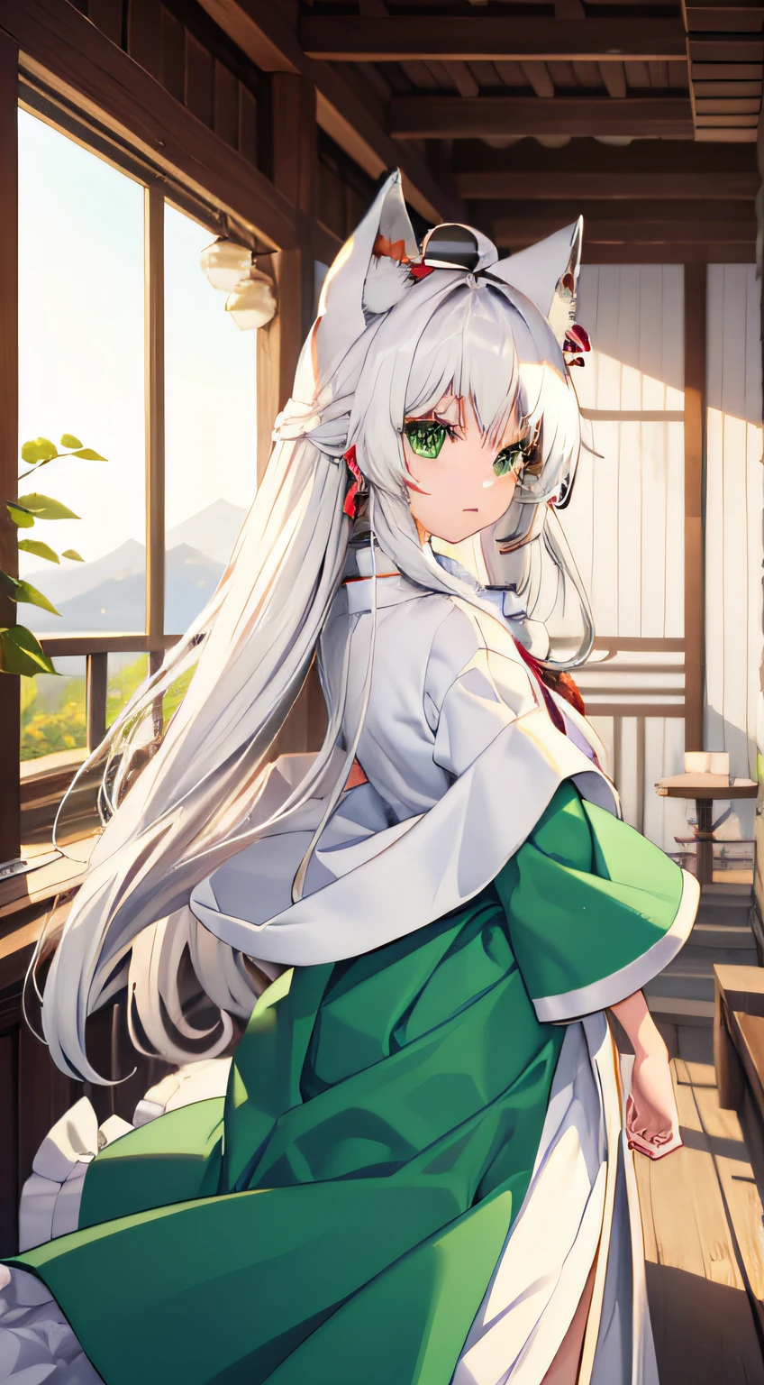 1 person Green eyes Fox ears White hair Sky hat Standing Camera gaze loli Night shrine