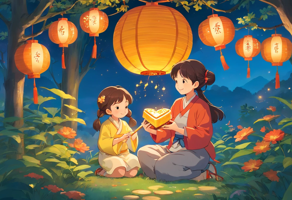 Eat mooncakes together during the Mid-Autumn Festival,In the garden,colorful lanterns,Mid-Autumn Festival,full moon,Cartoon pictures Normal background, A beautiful artwork illustration, Colorful illustration, colorful kids book illustration, Cosy family,Mom and dad and a daughter,Colorful illustrations, archan nair, painting illustration, fairy-tale illustration style, editorial illustration colorful, colorful concept art, dreamlike illustration, Colorful! Character design, Wonderful illustrations, illustrated in whimsical style, Exquisite digital illustration