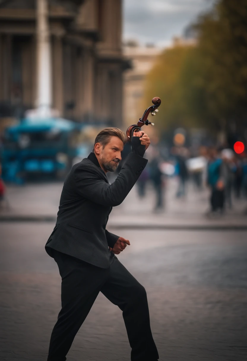 Portrait of a street performer in action with a bustling city as a blurred background