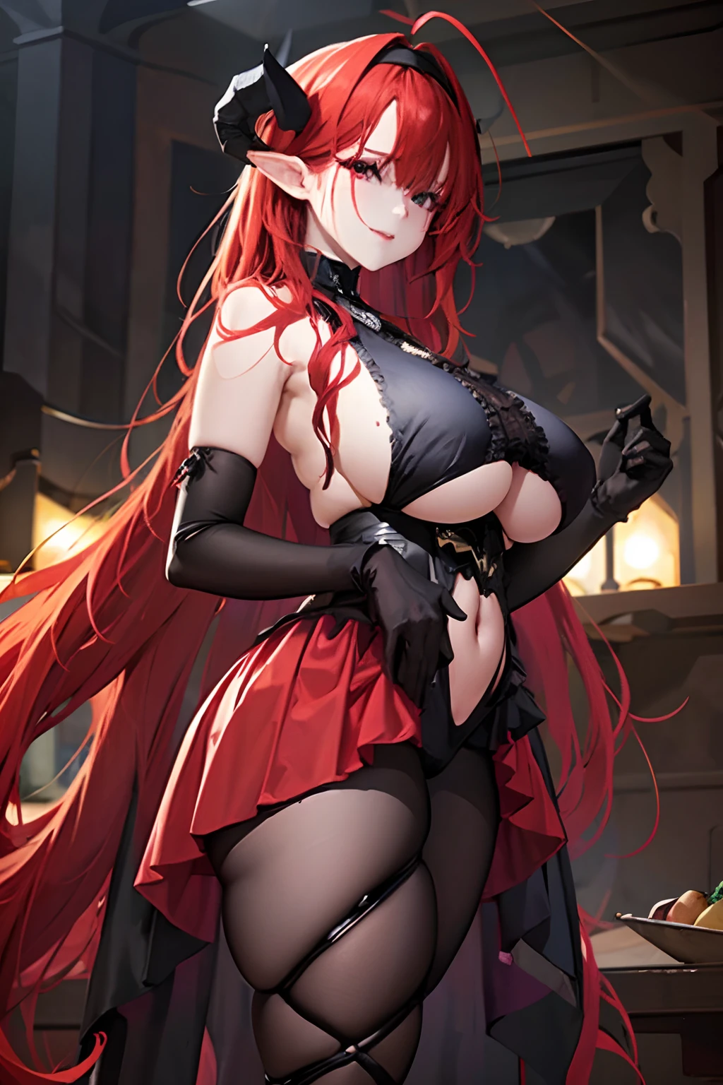 ironhindenburg, hindenburg\(azur lane\), red_hair, demon horns, long hair,bare_shoulders, underboob_cutout, skirt, pantyhose,black_gloves, 1girl, older female, mature woman, red hair, long hair, cleavage, breasts, Large breasts, cute ass,Lie on the ground,Looking at Viewer, Looking at you, Poses that emphasize breasts, blushing, smile, smiling, beautiful detailed eyes, beautiful detailed girl, curvy:1.1, dynamic pose, fashion clothing with diverse colors, full body, (full body shot:1.1), looking at viewer, perfect eyes, perfect face, perfect retina, seductive look, sexy pose, ultra detail face, ultra detail hair, very detailed eyes and face, 8k wallpaper, amazing, ambient occlusion, best quality, CG, cinematic lighting, detailed painting, field of view, fine detail, fluid motion, harmony, (High Quality:1.4), high resolution, huge file size, illustration, interconnected elements, Intricate Details, masterpiece , movie lighting, photorealistic lighting, (photorealistic:1.4), professional artwork, (raw photo:1.2), realistic shadows, reflective art, sharp focus, solo, super detailed, unified, very detailed, (vibrant colors:1.05), vivid lighting, warm and cool color palette,