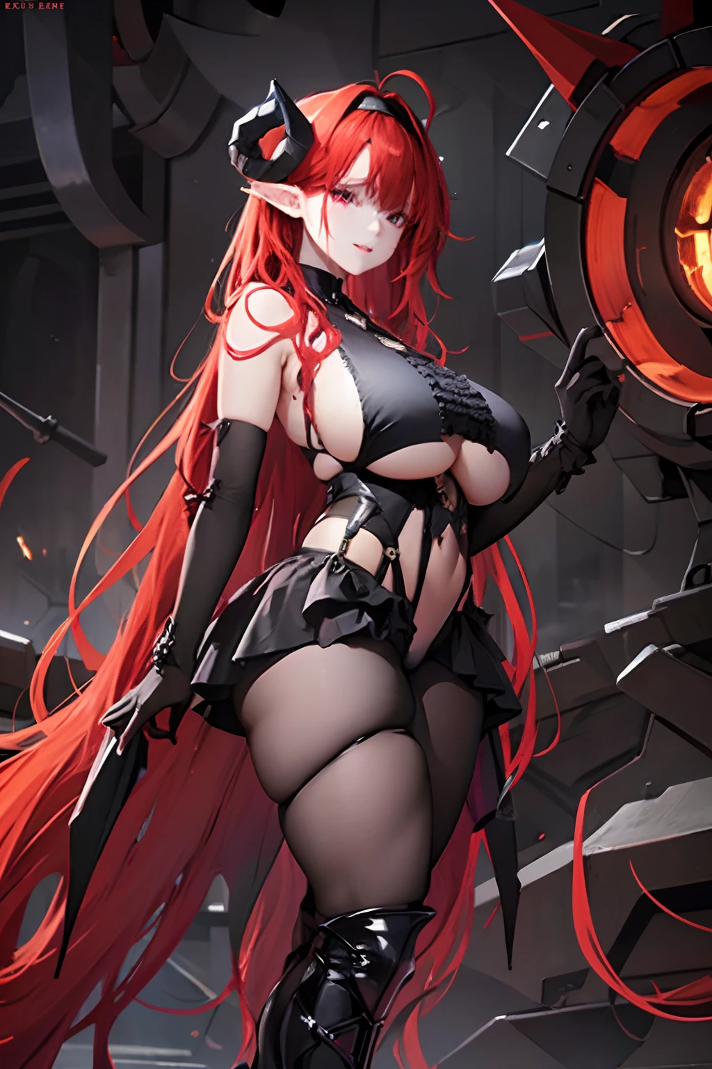 ironhindenburg, hindenburg\(azur lane\), red_hair, demon horns, long hair,bare_shoulders, underboob_cutout, skirt, pantyhose,black_gloves, 1girl, older female, mature woman, red hair, long hair, cleavage, breasts, Large breasts, cute ass，Lie on the ground，Looking at Viewer, Looking at you, Poses that emphasize breasts, blushing, smile, smiling, beautiful detailed eyes, beautiful detailed girl, curvy:1.1, dynamic pose, fashion clothing with diverse colors, full body, (full body shot:1.1), looking at viewer, perfect eyes, perfect face, perfect retina, seductive look, sexy pose, ultra detail face, ultra detail hair, very detailed eyes and face, 8k wallpaper, amazing, ambient occlusion, best quality, CG, cinematic lighting, detailed painting, field of view, fine detail, fluid motion, harmony, (High Quality:1.4), high resolution, huge file size, illustration, interconnected elements, Intricate Details, masterpiece , movie lighting, photorealistic lighting, (photorealistic:1.4), professional artwork, (raw photo:1.2), realistic shadows, reflective art, sharp focus, solo, super detailed, unified, very detailed, (vibrant colors:1.05), vivid lighting, warm and cool color palette,