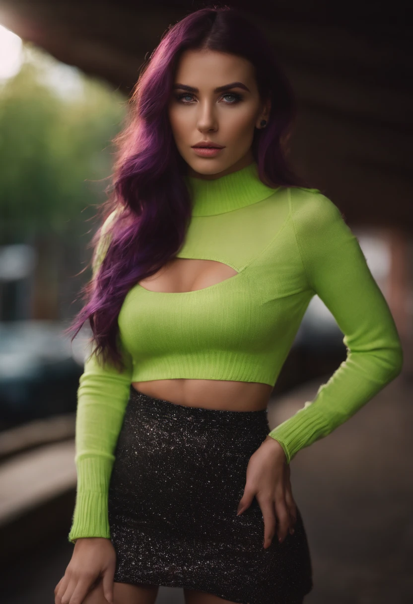 reze , vibrant colors, girl, masterpiece, sharp focus, best quality, perfect eyes, purple hair, green eyes, skirt, sweater, both hands pulling up shirt, midriff, one girl, unbuttoned clothes, show breast, show nipples
