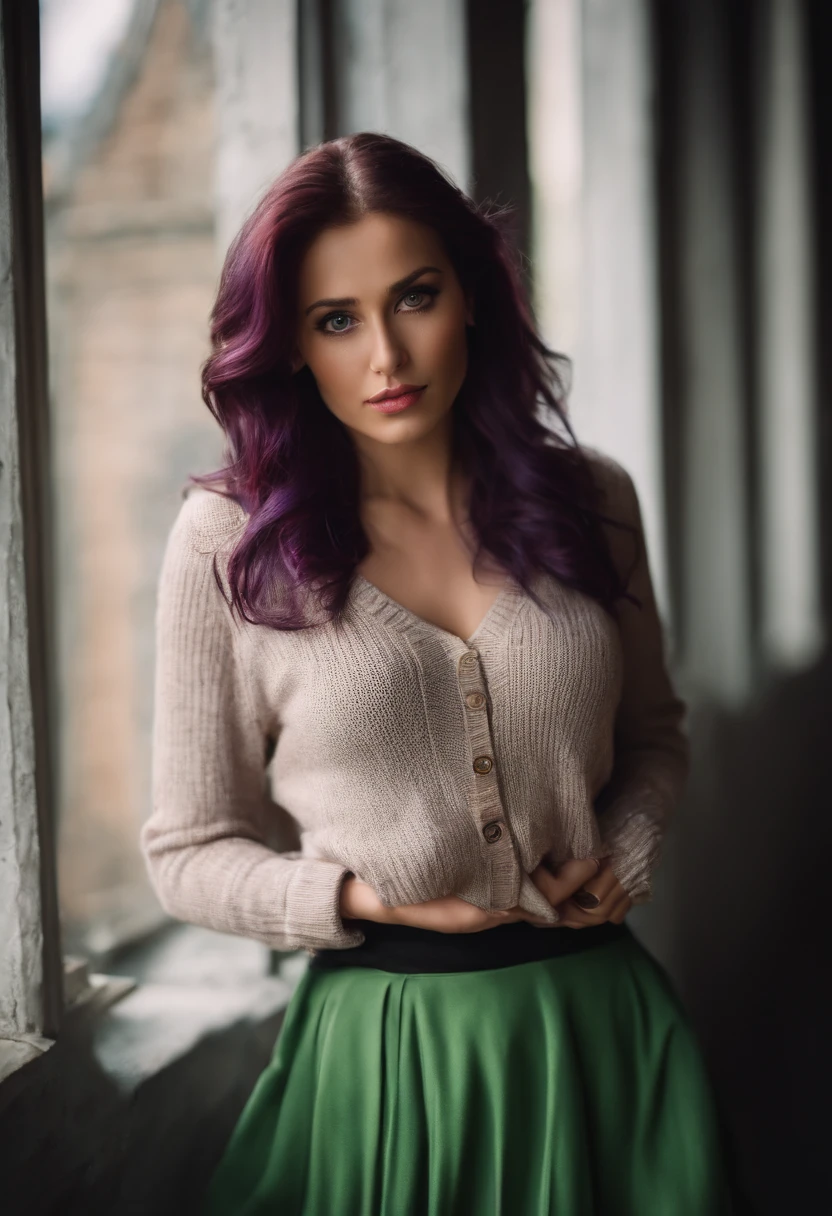 reze , vibrant colors, girl, masterpiece, sharp focus, best quality, perfect eyes, purple hair, green eyes, skirt, sweater, both hands pulling up shirt, midriff, one girl, unbuttoned clothes, show breast, show nipples
