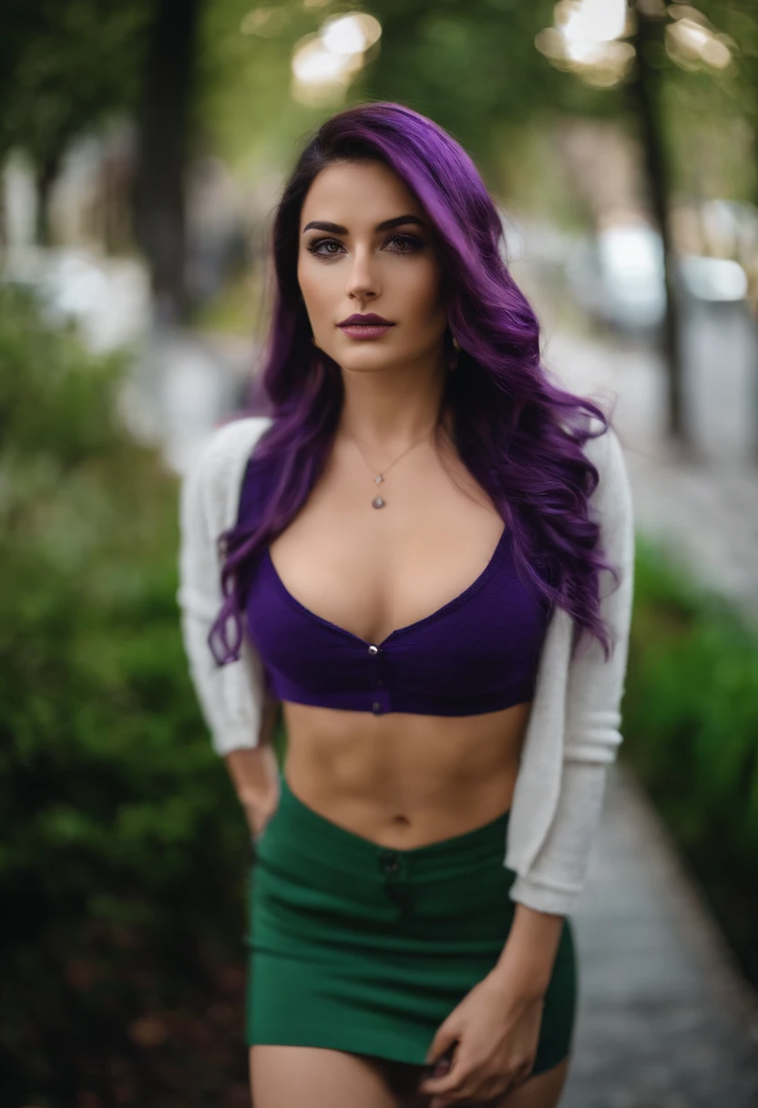 reze , vibrant colors, girl, masterpiece, sharp focus, best quality, perfect eyes, purple hair, green eyes, skirt, sweater, both hands pulling up shirt, midriff, one girl, unbuttoned clothes, show breast, show nipples