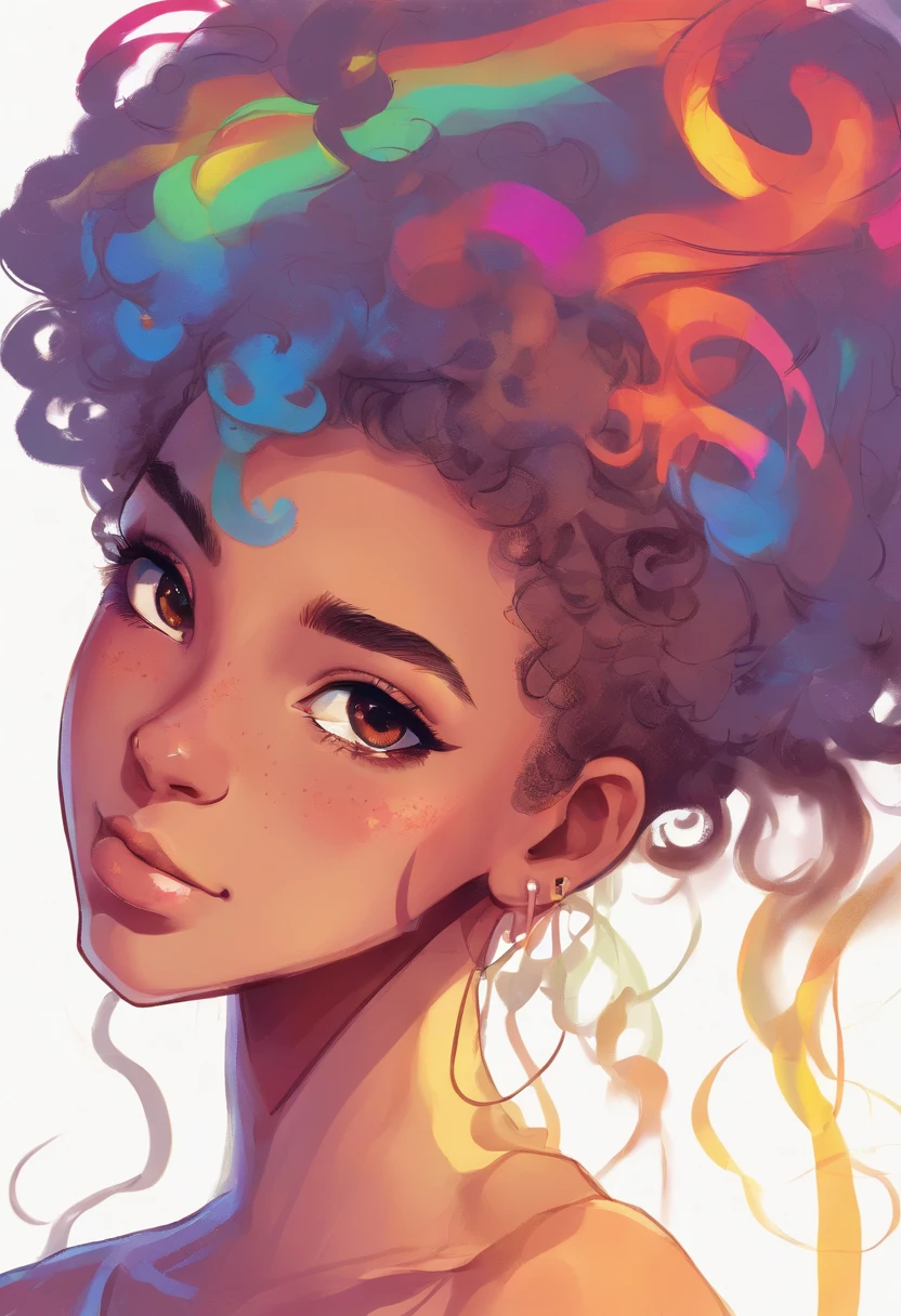 tan girl 20 year old curly hair alot or early ear piercing colour full rainbow background