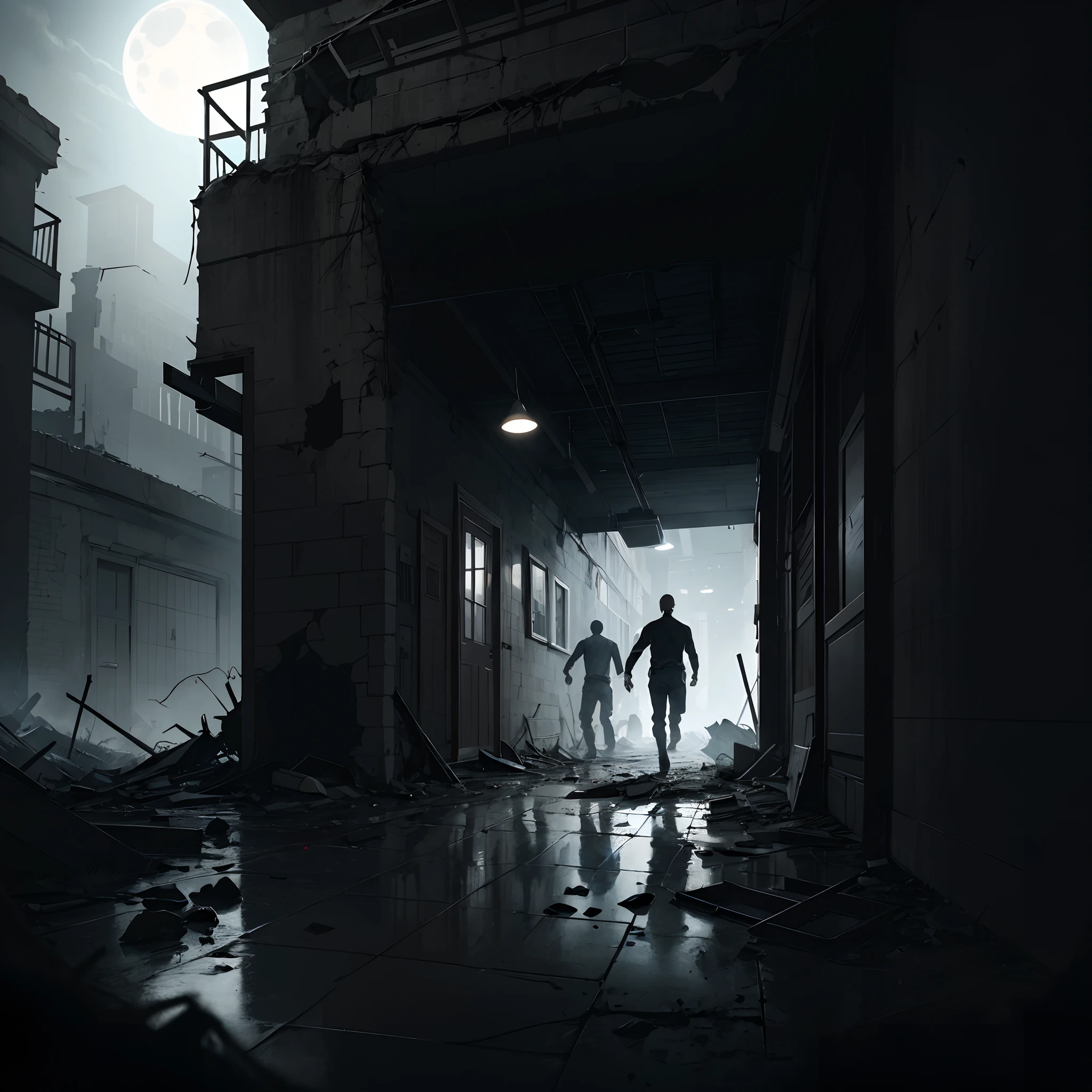 In the depths of a noir-inspired city, there lies a sinister dark alleyway. The dim streetlights cast long shadows on the muddy ground below, as if concealing secrets within each flickering shade. The eerie silence hangs heavy, broken only by distant sounds that send shivers down the spine.
At the end of this desolate path stands a dilapidated old house, its walls collapsed and its windows cracked. Moonlight peeks through the decaying structure, casting an ethereal glow that illuminates the scene with a haunting beauty. Flickering shadows dance across the dusty floor, adding an air of mystery and unease.
As you step cautiously into this surreal setting, you notice the sound of running figures echoing off the walls. Suspense fills the air like a thick fog, as you sense that something has gone terribly wrong. A crime scene unravels before your eyes, filled with clues waiting to be deciphered.
Then, out of the darkness, emerges a mysterious stranger. Their features hidden, they loom with an air of enigma, adding an extra layer of uncertainty. Suddenly, a startling revelation strikes, shattering any semblance of safety. Intense fear grips your heart as you realize the danger lurking just beyond reach.
The chaotic scene erupts into an urgent pursuit, as you find yourself caught in a desperate chase. Every step is fraught with intense emotions, the adrenaline pumping through your veins as you navigate through the maze of shadows and decay. Fear and anxiety propel you forward as you tirelessly flee from the encroaching danger, your heart pounding in your chest.
In this evocative image born from the depths of imagination, you experience a world where suspense and mystery intertwine, leaving you breathless and on the edge of your seat.