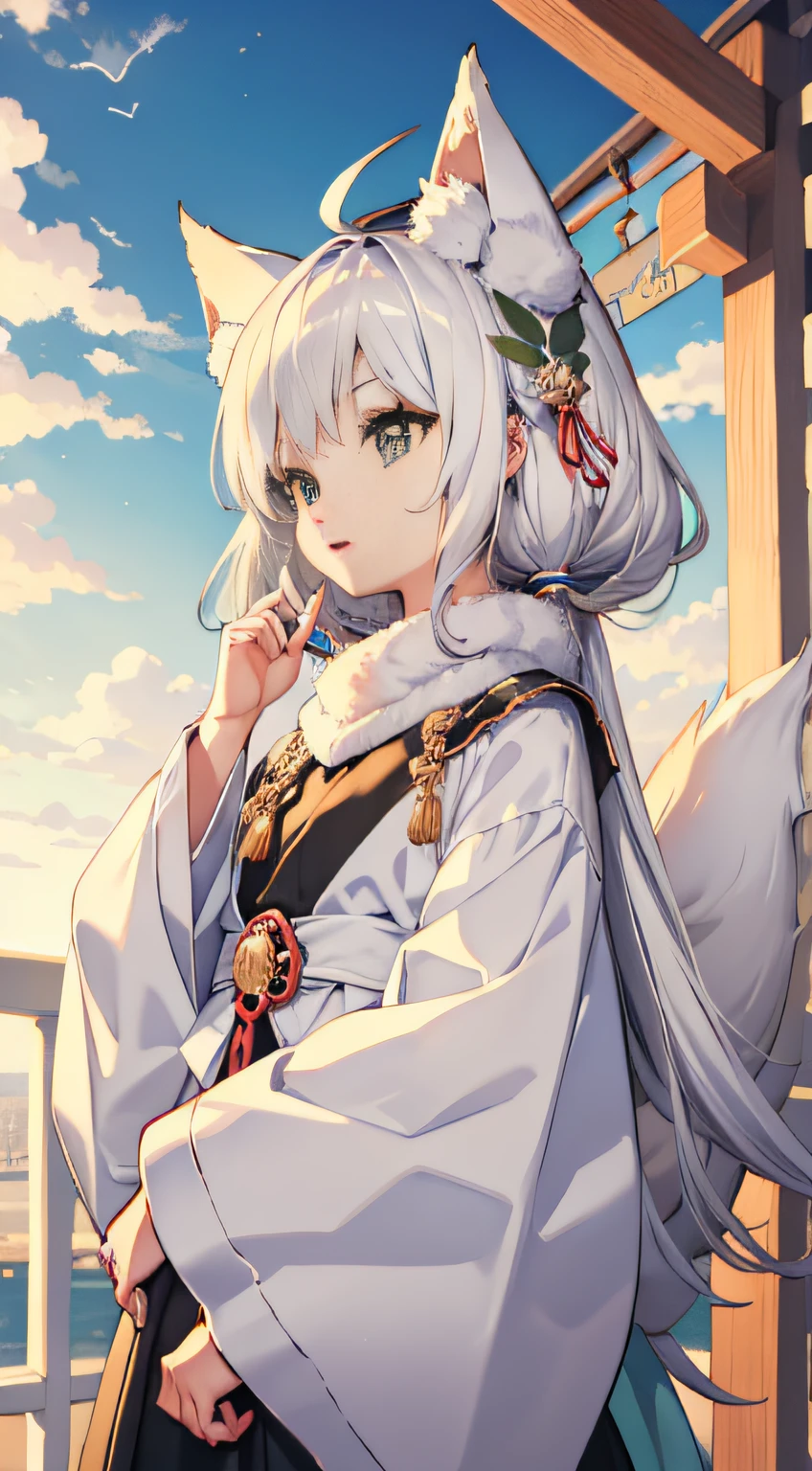 1 person Green eyes Fox ears White hair Sky hat Standing Camera gaze loli Night shrine