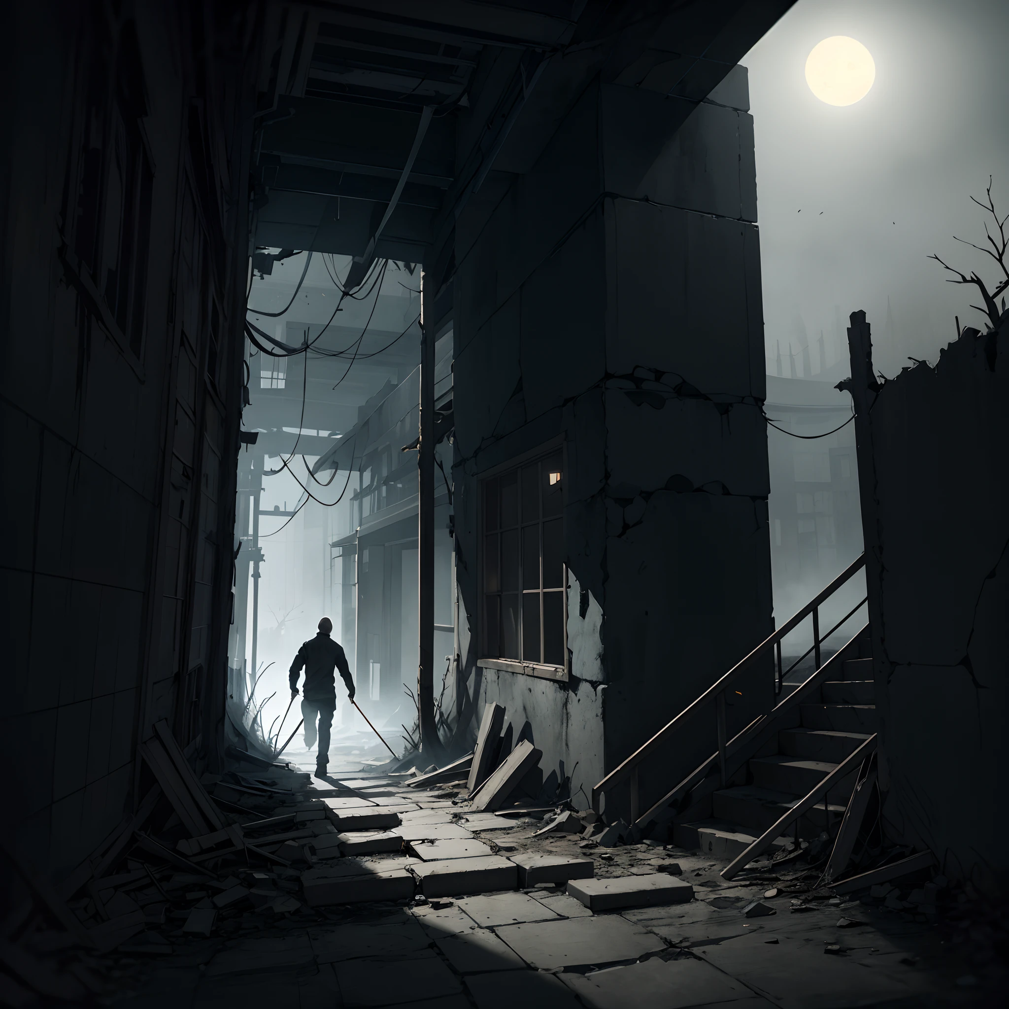 In the depths of a noir-inspired city, there lies a sinister dark alleyway. The dim streetlights cast long shadows on the muddy ground below, as if concealing secrets within each flickering shade. The eerie silence hangs heavy, broken only by distant sounds that send shivers down the spine.

At the end of this desolate path stands a dilapidated old house, its walls collapsed and its windows cracked. Moonlight peeks through the decaying structure, casting an ethereal glow that illuminates the scene with a haunting beauty. Flickering shadows dance across the dusty floor, adding an air of mystery and unease.

As you step cautiously into this surreal setting, you notice the sound of running figures echoing off the walls. Suspense fills the air like a thick fog, as you sense that something has gone terribly wrong. A crime scene unravels before your eyes, filled with clues waiting to be deciphered.

Then, out of the darkness, emerges a mysterious stranger. Their features hidden, they loom with an air of enigma, adding an extra layer of uncertainty. Suddenly, a startling revelation strikes, shattering any semblance of safety. Intense fear grips your heart as you realize the danger lurking just beyond reach.

The chaotic scene erupts into an urgent pursuit, as you find yourself caught in a desperate chase. Every step is fraught with intense emotions, the adrenaline pumping through your veins as you navigate through the maze of shadows and decay. Fear and anxiety propel you forward as you tirelessly flee from the encroaching danger, your heart pounding in your chest.

In this evocative image born from the depths of imagination, you experience a world where suspense and mystery intertwine, leaving you breathless and on the edge of your seat.