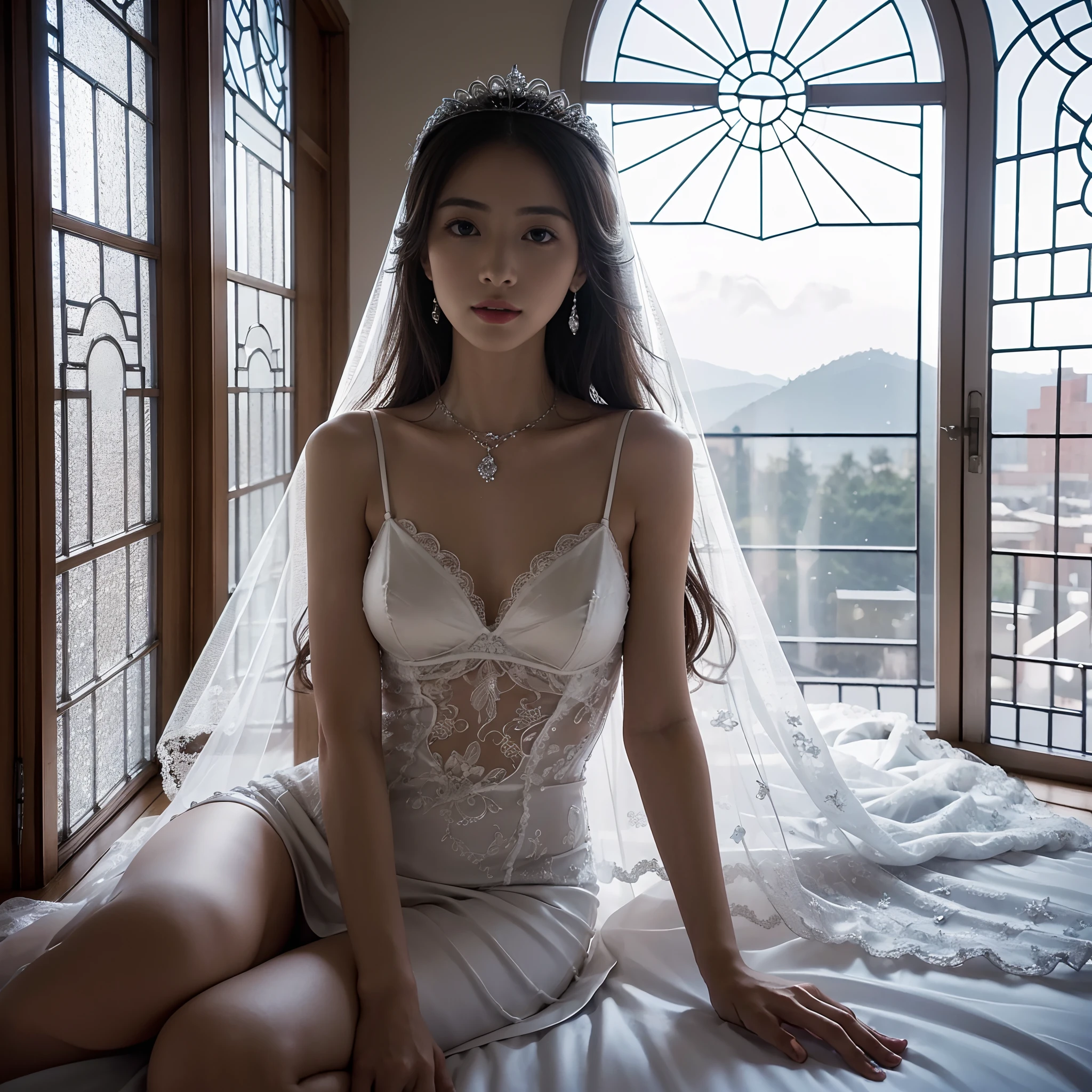 (((nffsw))), (((masutepiece))), (((8K))), (((hight resolution))), (((surrealism))), (((Cinematic lighting))), god rays, Zoom Layer, (((FULL BODYSHOT))), F/4.0, canon, Shiny skin,Detailed skin,Detailed face, Detailed eyes, Beautiful Japan Bride, No top, Beautiful wedding church, a white veil, Bra exposed upper body, white lace bra, Wedding dresses for the lower body only, Small breast , silver earing, Diamond Necklace, Mystical sight, confeti, Light shines through large windows