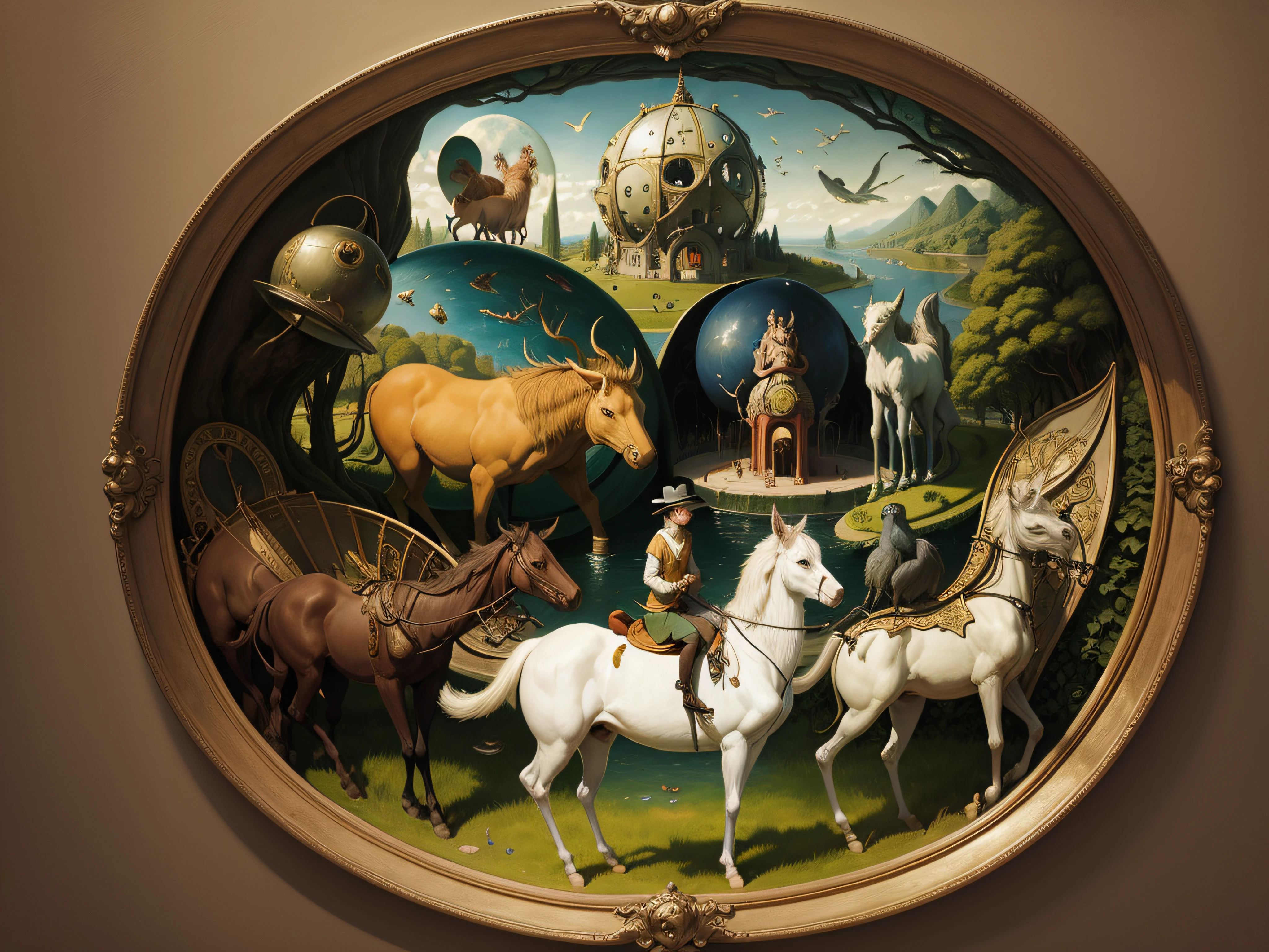 Surrealism people and animals, Fancy , painting, Hieronymus Bosch, Garden of Earthly Delights very sharp