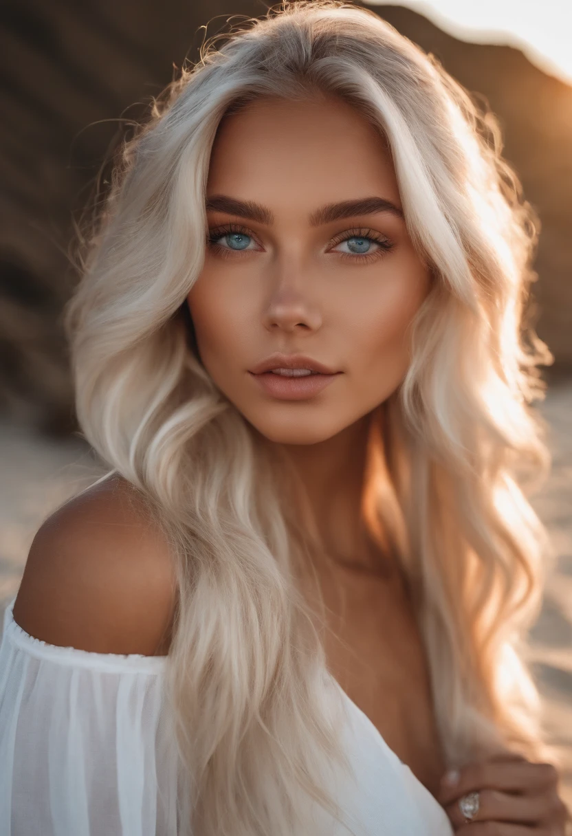 realistic, white, 20 year old, female, instagram influencer, best quality, blonde, 1 girl, blue eyes, beach