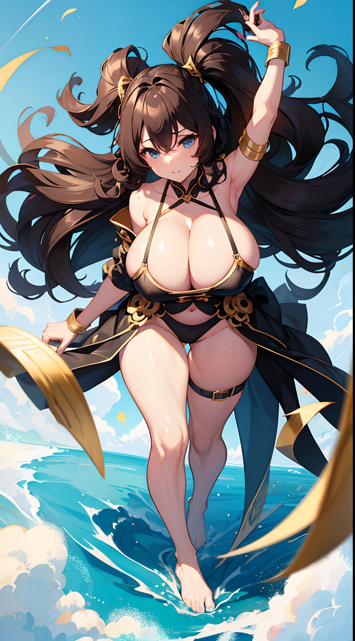 No shoes,(gigantic cleavage breasts:1.3),black pantyhoses,golden curly hair,比基尼