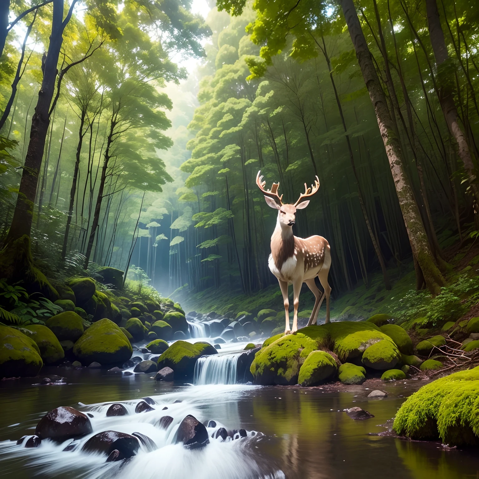 a lush forest with tall trees, suas copas formando um dossel verde que filtra a luz solar em raios dourados. The ground is covered by a thick layer of fallen leaves, and ferns grow in random groups. Moss covers the side of the trees, giving an additional texture to the landscape.
Em uma clareira, A deer with majestic antlers is grazing quietly, suas orelhas se movendo para captar qualquer som suspeito. Um esquilo salta de um galho para outro, suas patas fazendo pouco barulho nas folhas. An owl is perfectly camouflaged on a high branch, seus olhos dourados observando tudo atentamente.
Mais adiante, um pequeno riacho corta a floresta, its crystal clear water reflecting the shades of green and brown all around. Peixes nadam lentamente, and a family of ducks glides over water.
The air is full of the sounds of nature: The chirping of birds, o zumbido dos insetos e o sutil farfalhar das folhas ao vento. Tudo na floresta parece estar em perfeita harmonia, uma cena tranquila e equilibrada da vida selvagem em seu estado mais puro.