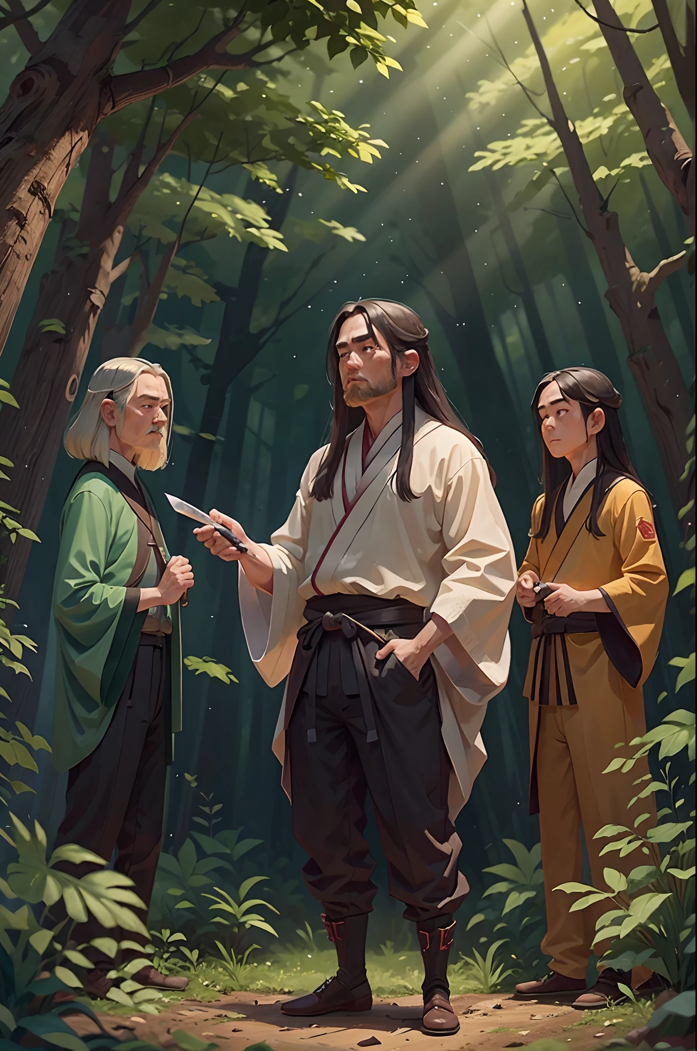 3 30-year-old men, standing in forest, wearing a hanfu, Straight hair, With a knife,Chiaroscuro, vanishing point, hyper HD, Best quality, A high resolution, 1080p, ccurate