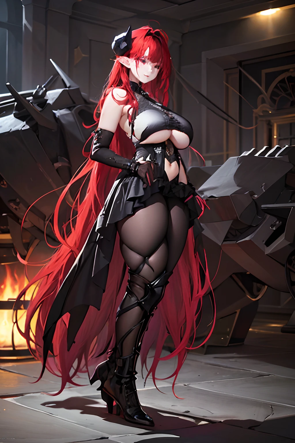 ironhindenburg, hindenburg\(azur lane\), red_hair, demon horns, long hair,bare_shoulders, underboob_cutout, skirt, pantyhose,black_gloves, 1girl, older female, mature woman, red hair, long hair, cleavage, breasts, Large breasts, cute ass，Lie on the ground，Looking at Viewer, Looking at you, Poses that emphasize breasts, blushing, smile, smiling, beautiful detailed eyes, beautiful detailed girl, curvy:1.1, dynamic pose, fashion clothing with diverse colors, full body, (full body shot:1.1), looking at viewer, perfect eyes, perfect face, perfect retina, seductive look, sexy pose, ultra detail face, ultra detail hair, very detailed eyes and face, 8k wallpaper, amazing, ambient occlusion, best quality, CG, cinematic lighting, detailed painting, field of view, fine detail, fluid motion, harmony, (High Quality:1.4), high resolution, huge file size, illustration, interconnected elements, Intricate Details, masterpiece , movie lighting, photorealistic lighting, (photorealistic:1.4), professional artwork, (raw photo:1.2), realistic shadows, reflective art, sharp focus, solo, super detailed, unified, very detailed, (vibrant colors:1.05), vivid lighting, warm and cool color palette,