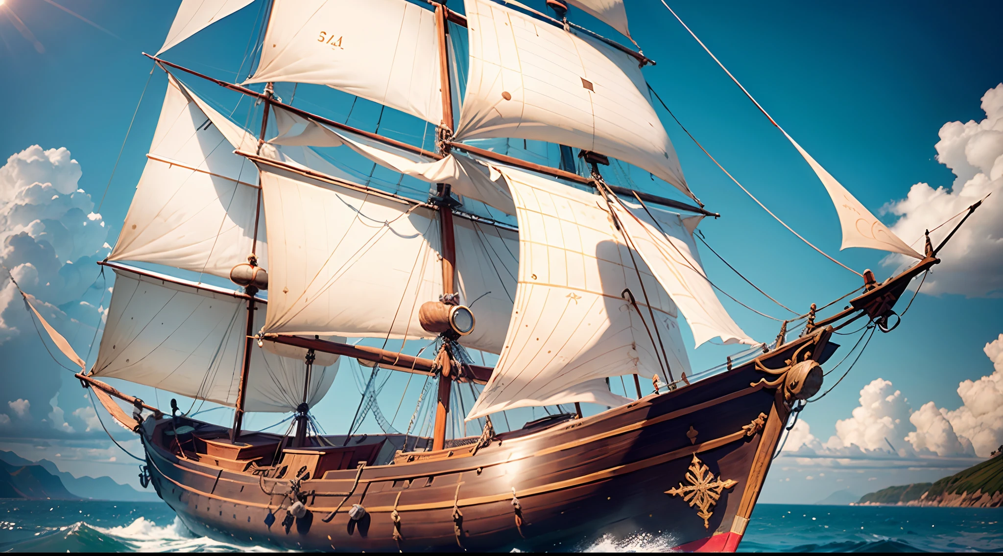 Small Caravel sailboat,Only the main mast and the aft mast,There are only two masts in total,Early 15th century,Very small hull,The sails have only four pieces,Small hull,20 feet long,6 feet wide,3 feet wide