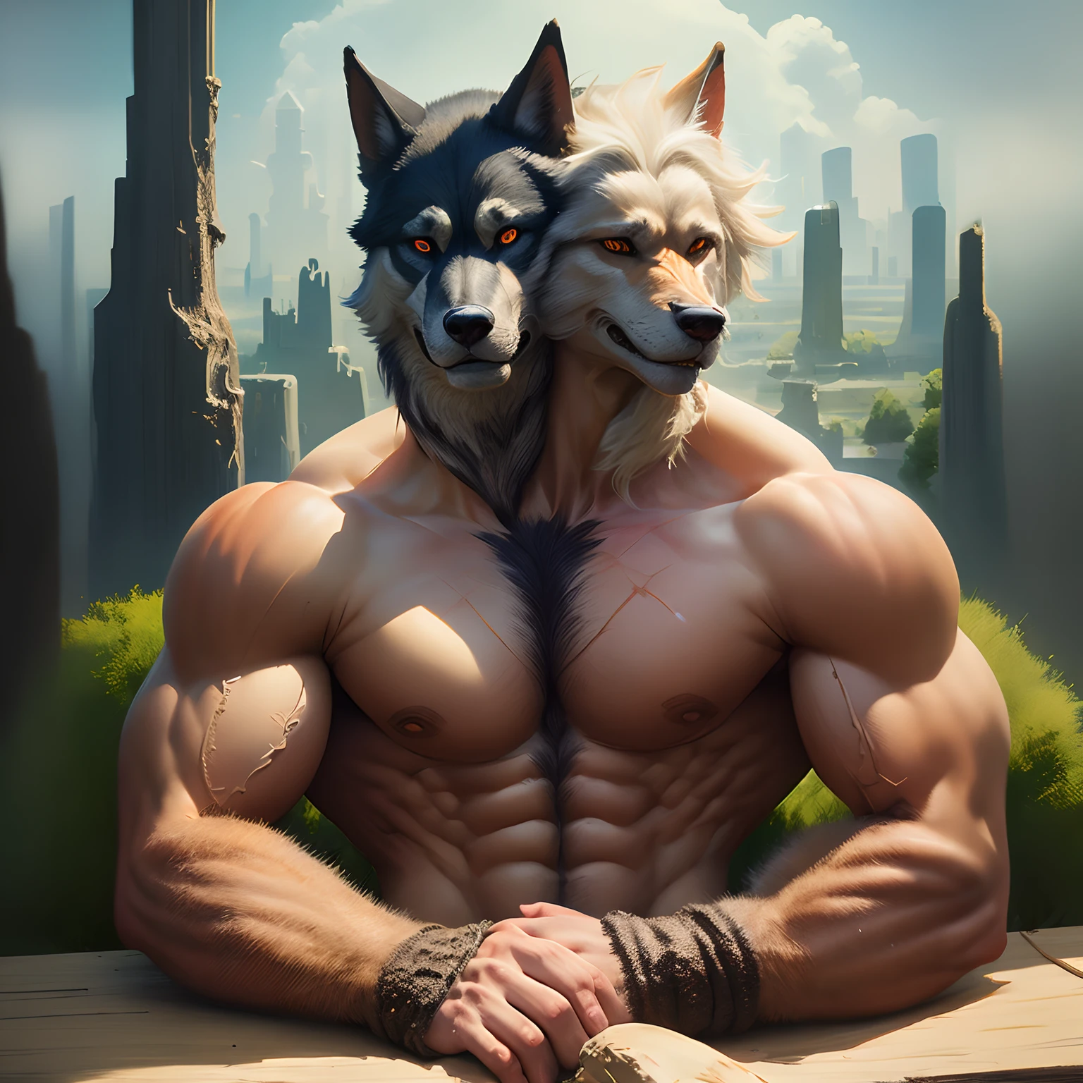 (masterpiece:1.2), extremely intricate details, ff14style, dynamic painting, solo full portrait, solo male, conjoined, conjoinment, dicephalic dapapagus twin , two separate heads in one body; left head is human head, right head is anthropomorphic wolf head, muscular, background of a bustling city with a majestic bridge spanning wide rivers, surrounded by towering giant trees. The vast landscape bursts with vivid colors
