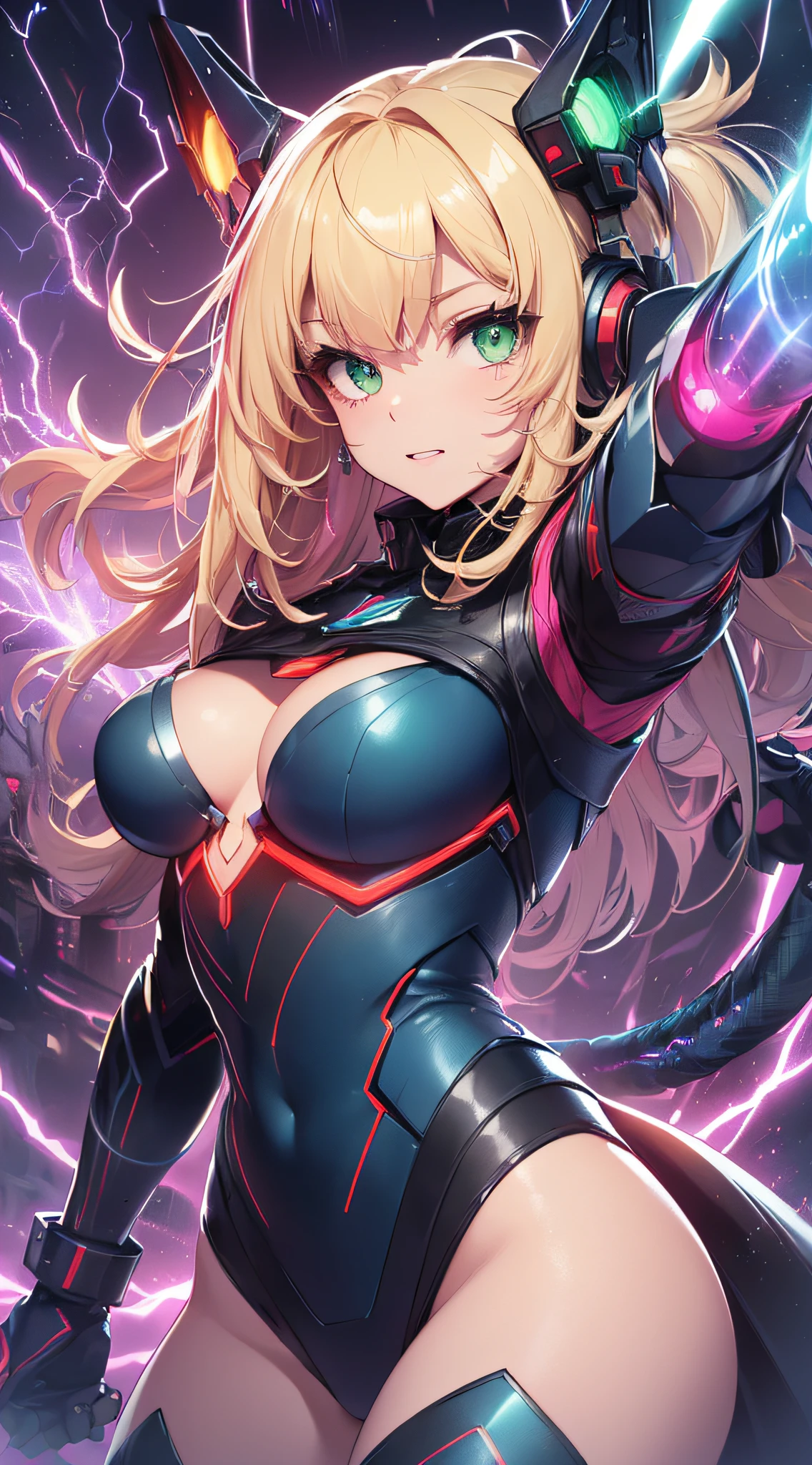 top-quality、Top image quality、masterpiece、Android Girl((years、Red, Black and blue glowing cybersuit、Blue energy source for the chest,Best Bust、Bust 90、Blonde Away Tail、Blue-green eyes、open chest wide、Valley、Happiness、A slender、Warlike face、Stand at the front、Countless cable connections throughout the body、Particles of light、Sharp claw arm,Dual-arm laser cannon、Bruised body、battleing、Giant Cybersword))hiquality、Beautiful Art、Background with((Blue lighting、Green particles、Red Laser Pointer、Purple swirl,Yellow flash、Pink lightning))、masutepiece、Elaborate design、visualart、Theatrical films