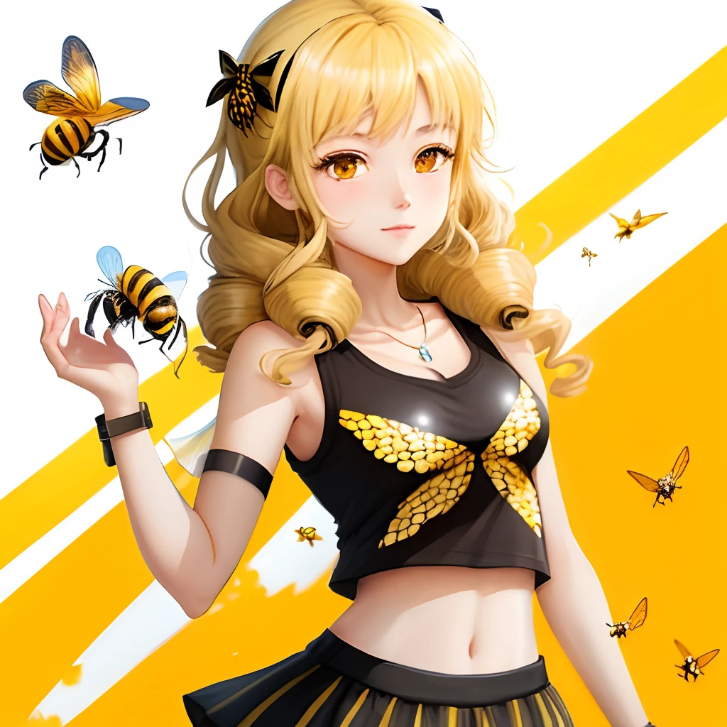 A anime girl with yellow and black band top with honeybees