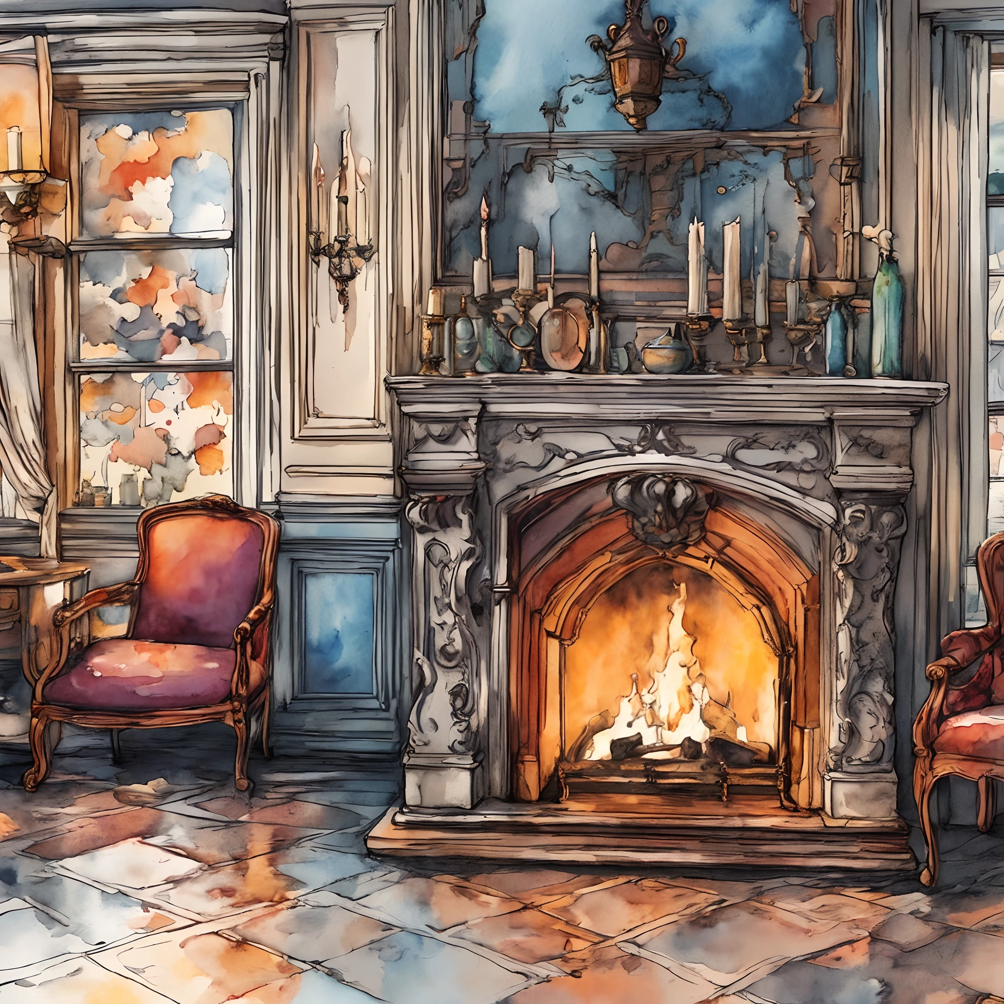 a painting of a living room with a fireplace and chairs, detailed watercolor painting, interior background art, watercolor detailed art, in gouache detailed paintings, detailed watercolor, warm interior, detailed watercolour, painting of a room, cozy wallpaper, detailed painting 4 k, cozy place, watercolor colored painting, cozy environment, inspired by Anton Pieck, detailed gouache paintings
