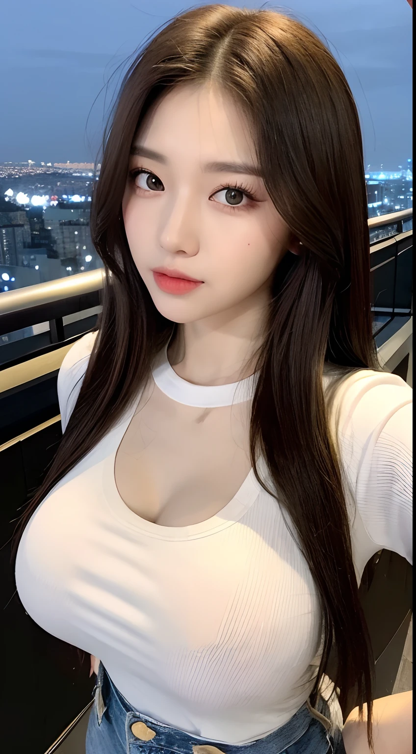 ((Midnight, Best quality, 8k, Masterpiece :1.3)), Whole body, Long legs, Sharp focus :1.2, A pretty woman with perfect figure :1.4, Slender abs :1.1, ((Dark brown hair,Gigantic breasts :1.2)), (White tight tshirt, Jean bib, Standing:1.2), ((Night city view, Rooftop:1.3)), Highly detailed face and skin texture, Detailed eyes, Double eyelid