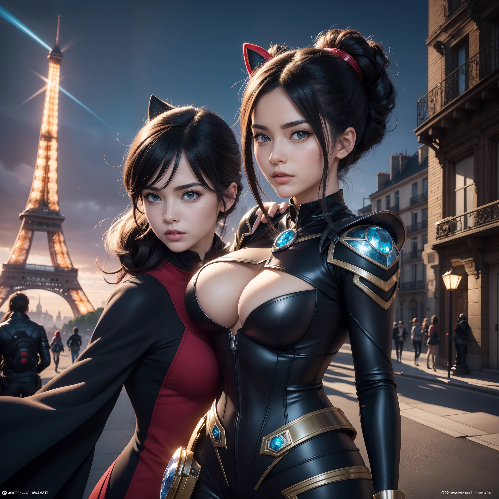 "(best quality,highres:1.2),ultra-detailed,realistic,anime,portraits,colorful,concept artists,beautiful detailed eyes,beautiful detailed lips,extremely detailed eyes and face,longeyelashes,stunning atmosphere,futuristic cityscape,action-packed scene,marinette and adrien,costumed heroes,hidden identities,parisian landmarks,akumatized villains,exciting battles,love and friendship,catchy theme song,ladybug and cat noir,superpowers,precise character design,stylized city,romantic tension,claws out,transformed superhero forms,miraculous crystal symmetry,ladybug-themed accessories,bug-like patterns,compelling storylines,funny and heartfelt moments,colorful magical effects,inspiring and empowering female protagonist,unexpected plot twists,epic climaxes,miraculous bracelet,protecting paris,miraculous box,secret hero society", big breasts, big butts, sexy girls,