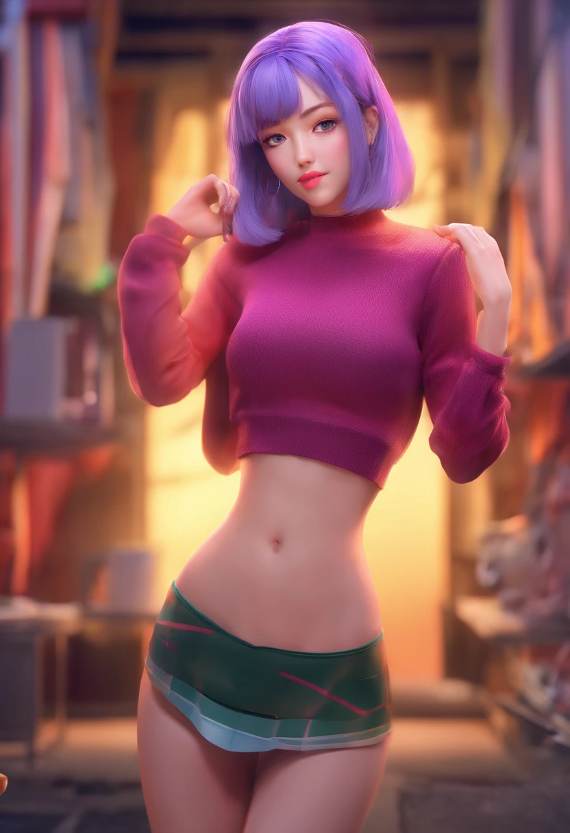 reze , vibrant colors, girl, masterpiece, sharp focus, best quality, perfect eyes, purple hair, green eyes, skirt, sweater, both hands pulling up shirt, midriff, one girl, unbuttoned clothes, show breast, show nipples